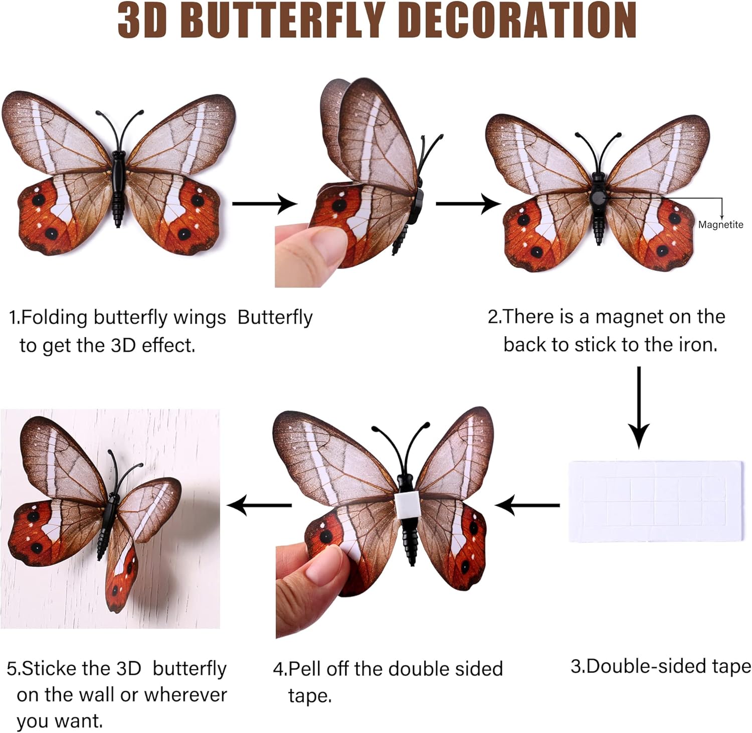 LiveGallery 72 PCS Brown Removable 3D DIY Beautiful Butterfly Wall Decals Colorful Butterflies Art Decor Wall Stickers Murals for Kids Baby Boy Girls Bedroom Classroom Offices (Brown)