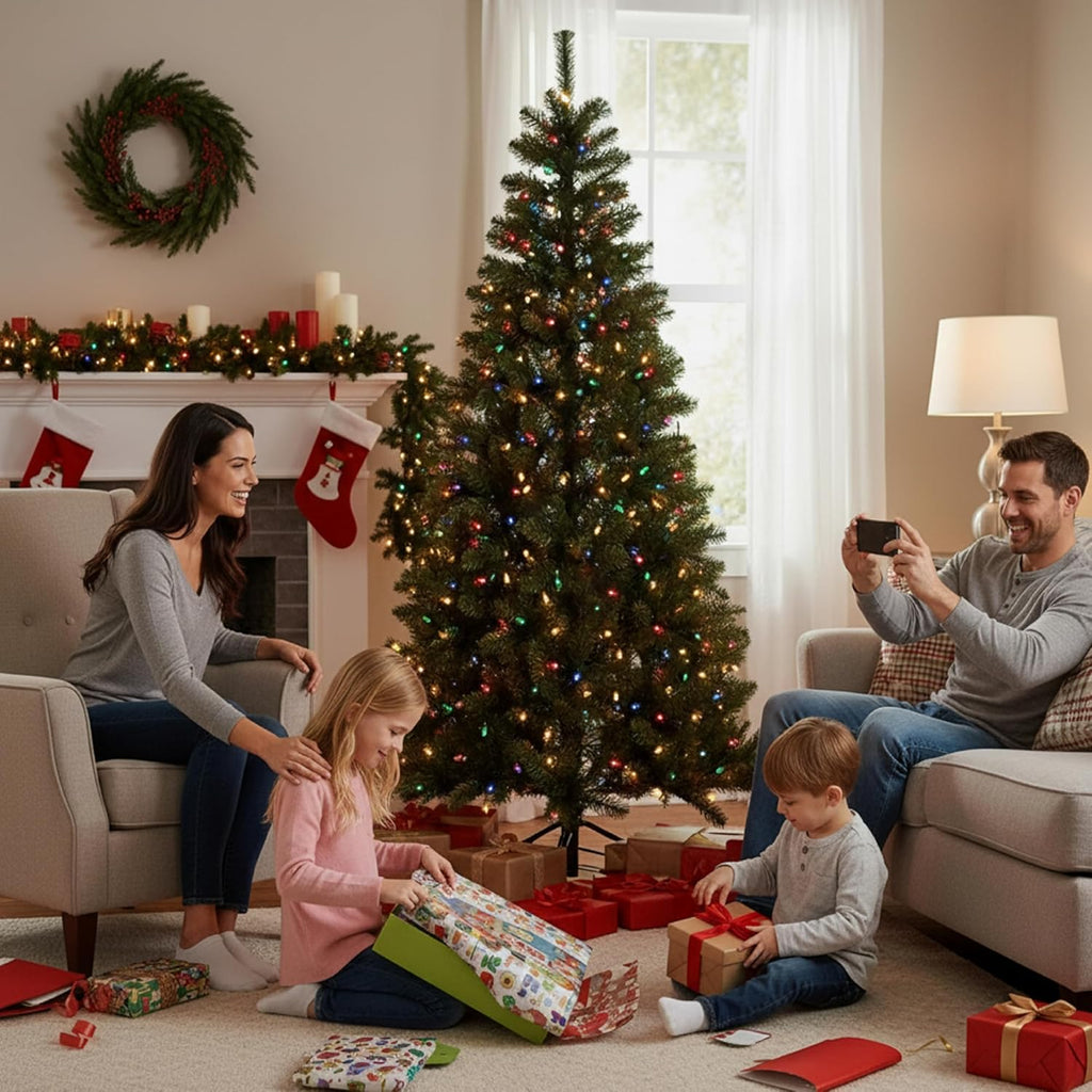 Holiday Bright Lights Slim 7 ft Pre-Lit LED Artificial Christmas Tree, 400 5mm RGBWW Lights, Power-Pole Trunk, App + Remote + Foot Pedal, 45" Base with 847 Tips for a Full Look