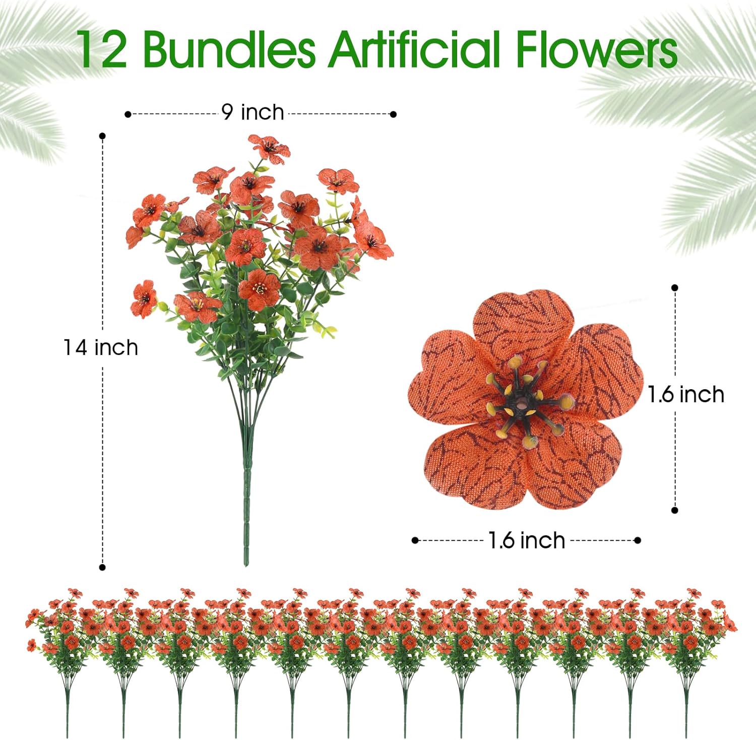 12 Bundles Artificial Fall Flowers Faux Mums with Eucalyptus, Faux UV Resistant Outdoor Decor -Fake Flowers for Front Door Planter, Thanksgiving, Christmas - Spring, Summer, Fall, All Seasons(Orange)