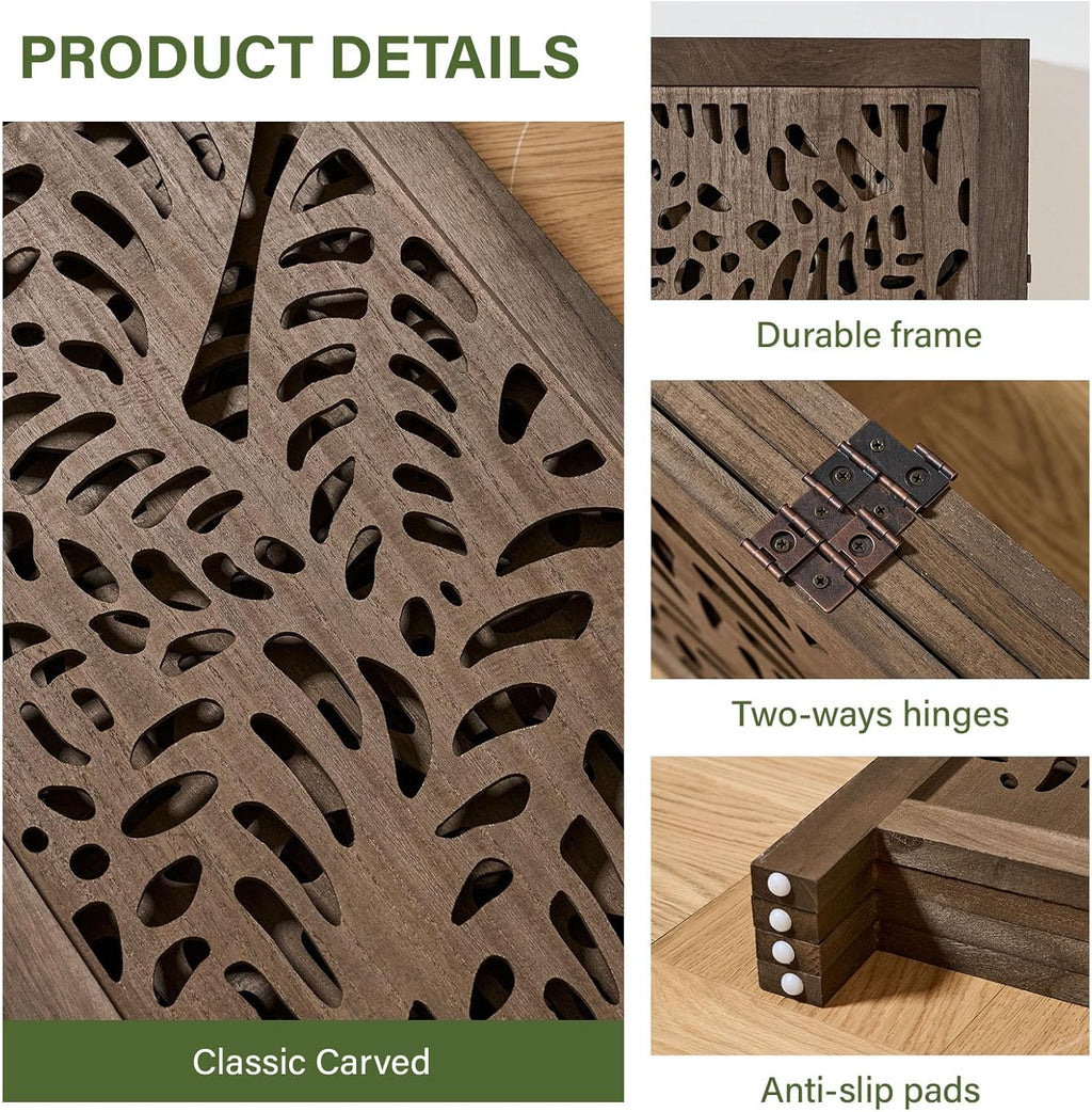 Leaf-Carved Room Divider Privacy Screen - 67 Inch Tall Foading Decorative Wood Screen Dividers Panel for Home - Natural Wood Room Partitions for Enhanced Privacy and Style Brown 4 Panel