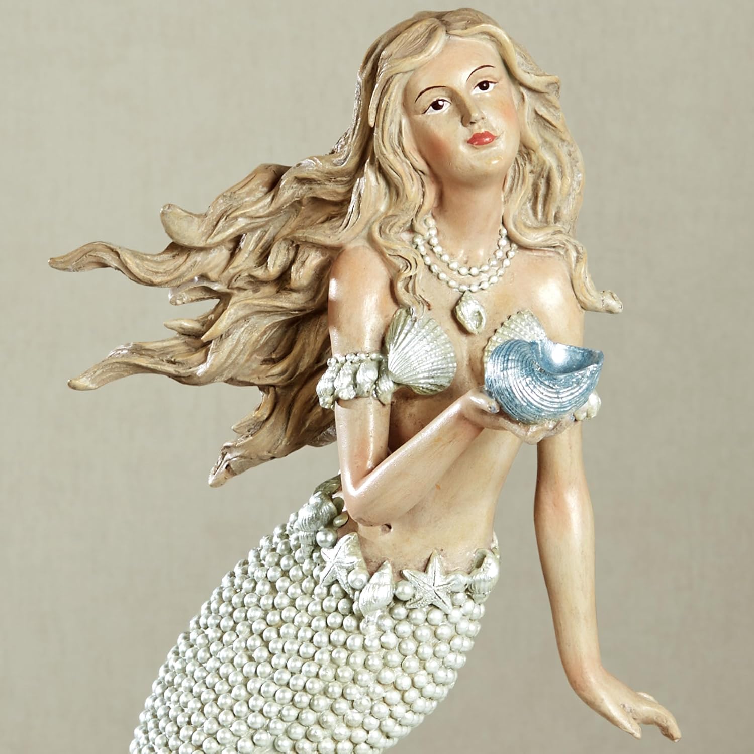 Touch of Class Oceana Mermaid Coastal Sculpture | Handpainted Resin Figurine | Pearlescent Accents, Blue Shell & Pearl-Toned Tail | 16" Decorative Mermaid Statue for Beach or Ocean Decor