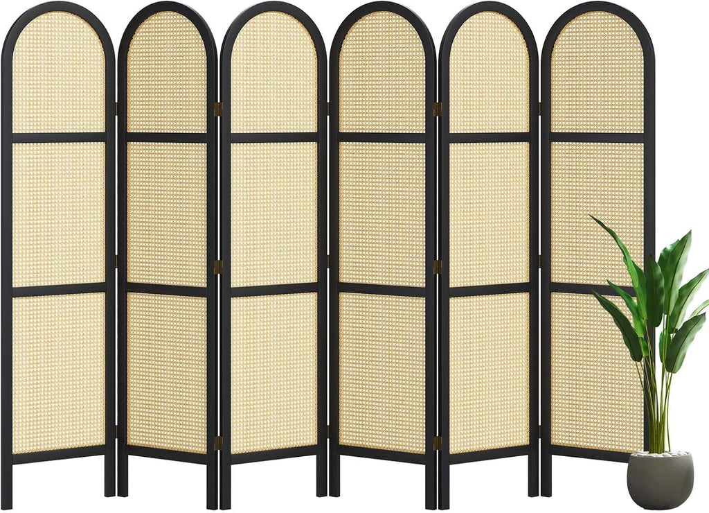 Room Dividers and Folding Privacy Screens, 5.6 Ft Double Hinged Rattan Partition Freestanding Wall Room Divider for Home - 6 Panels (Black)