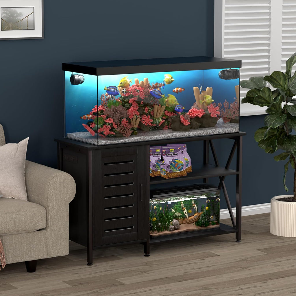 55-75 Gallon Fish Tank Stand,Aquarium Stand with Cabinet Accessories Storage,Heavy Duty Metal Frame,Aquarium Cabinet with Power Outlets 52" L*19.68" W Tabletop,1200LBS Capacity,Black PG05YGB