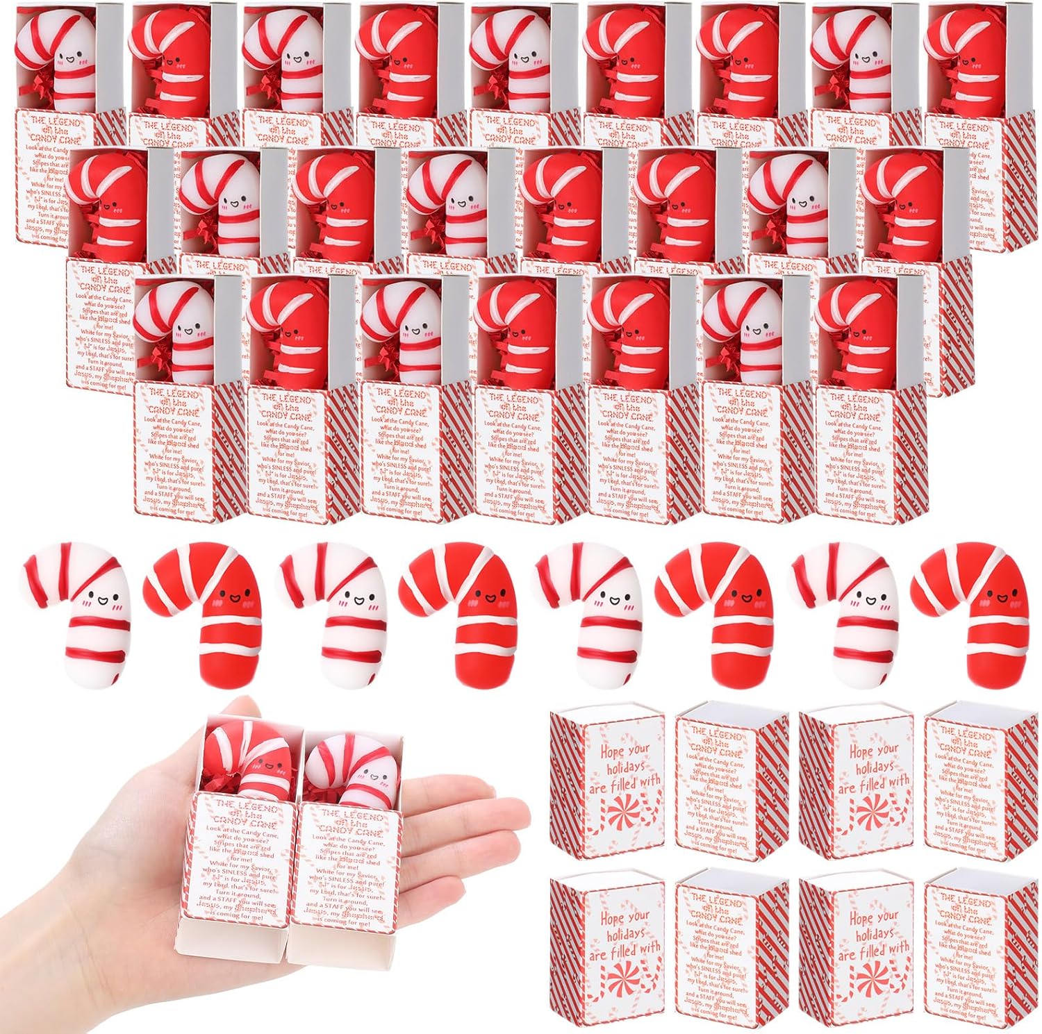 Wettarn 48 Sets Christmas Jesus Gifts Candy Cane Stress Balls with Christian Story Boxes Religious Party Favors for Church Office Sunday School Rewards Stocking Stuffers