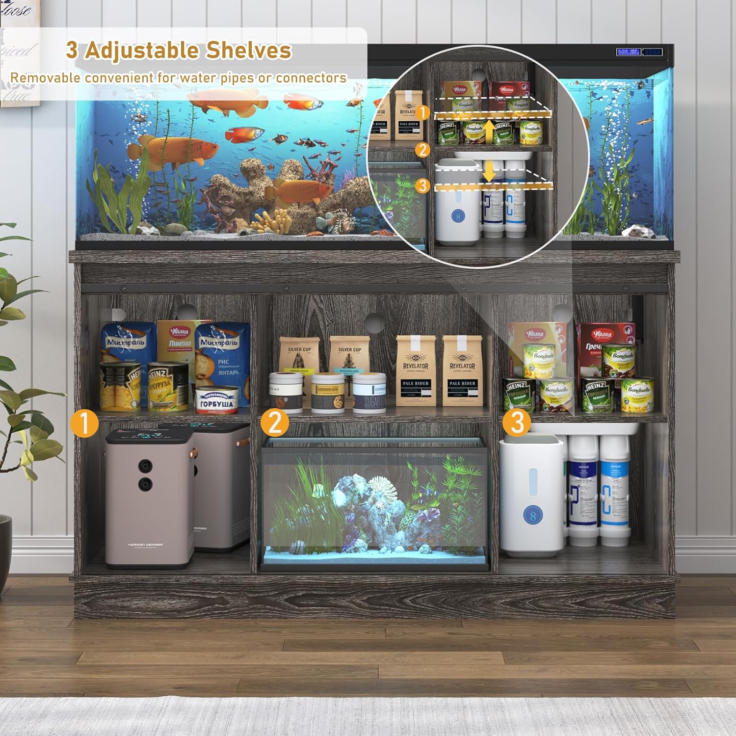 Farmhouse 55-75 Gallon Fish Tank Stand with Power Outlet, Aquarium Stand w/Cabinet&Sliding Barn Door, Heavy Duty Reptile Tank Stand for Fish/Turtle/Reptile Terrarium, 880LBS Capacity, Grey
