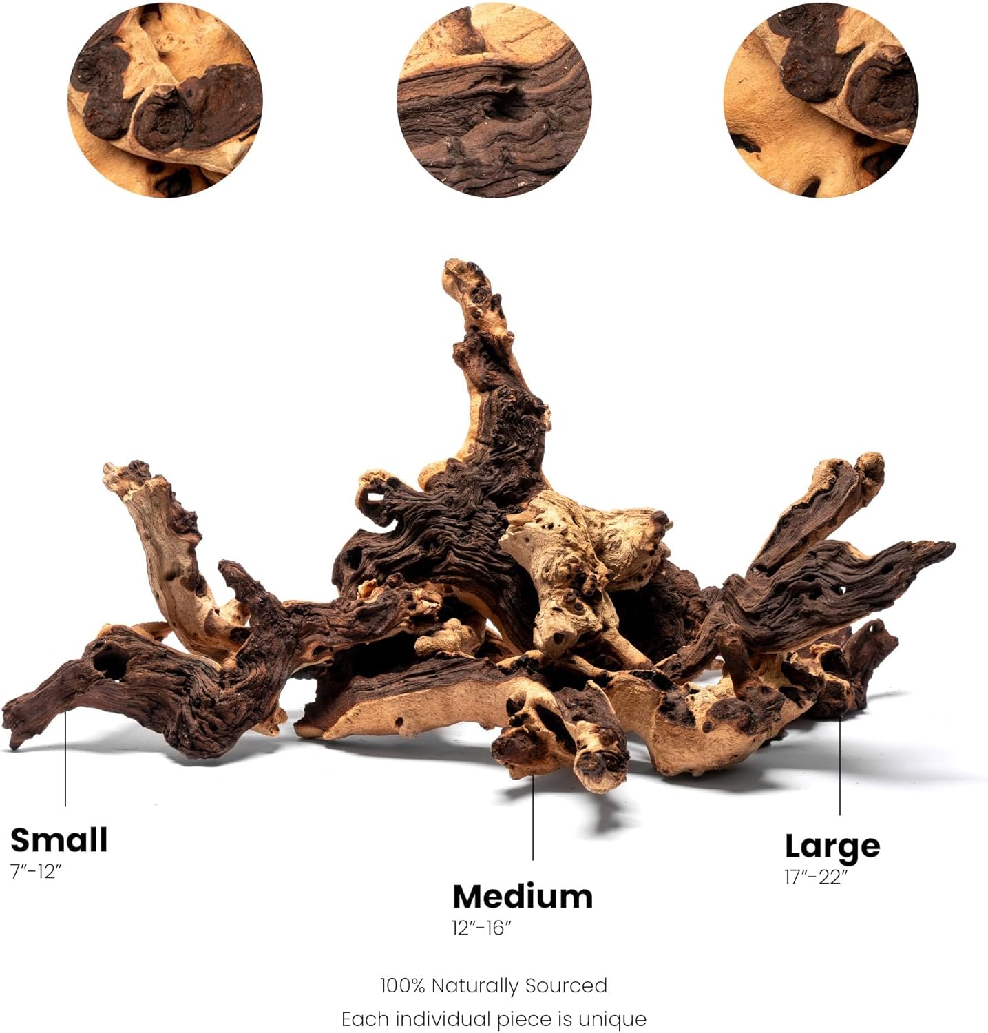 Ultum Nature Systems Driftwood - Mopani Wood - Natural Aquarium Hardscape for Planted Tank Aquascaping - Fish, Crab, Reptile, Bird, Paludarium Enclosure Structure, Terrarium Decor - SM 3Pc, 7-12"