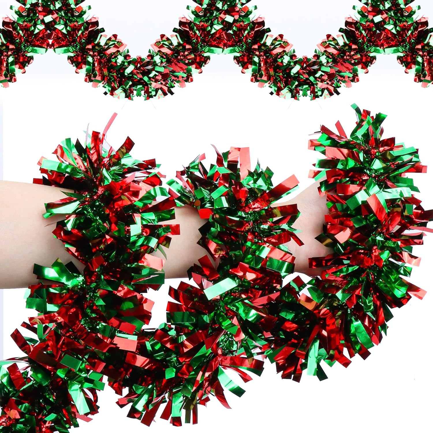 50 Feet Red & Green Christmas Tinsel Garland Metallic Twist Shiny Hanging Garland for Christmas Tree Decorations Xmas Holiday Decor for Home Indoor Outdoor Party Supplies - Red & Green