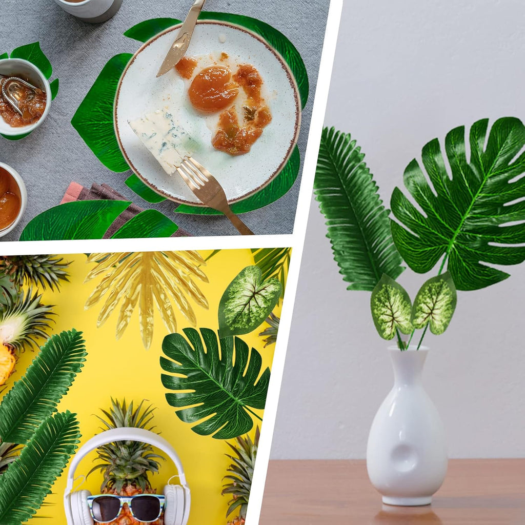 Tropical Party Decorations, 50 Pieces 7 Kinds Artificial Palm Leaves Green and Gold Tropical Monstera Leaves with Stems for Hawaiian Luau Party Jungle Beach Table Leave Decorations