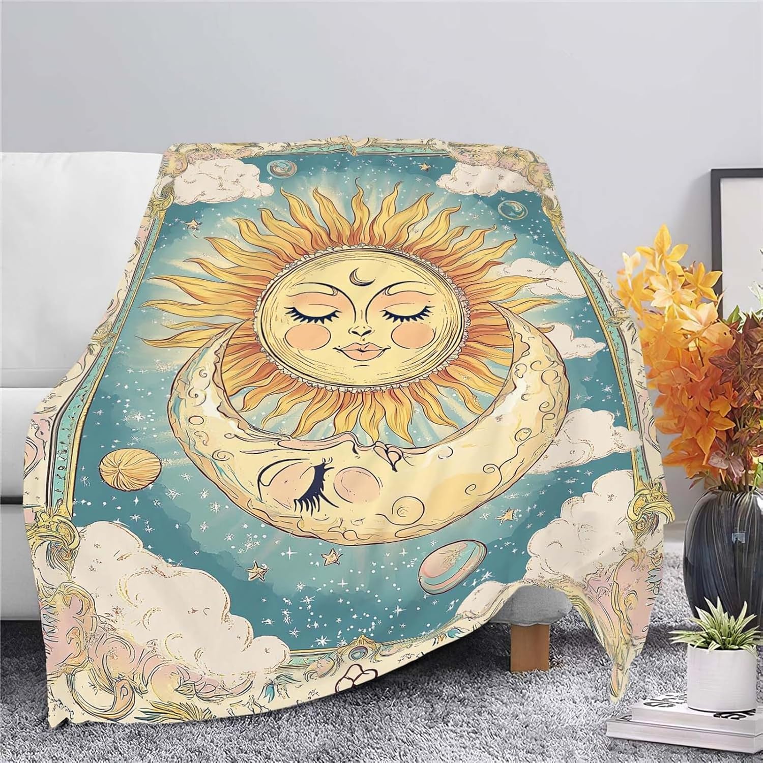 Sun and Moon Throw Blanket Celestial Hippie Sun and Moon Stuff Gifts for Kids Girls Boys Adults Women Man Soft Cozy Warm Plush Fluffy Fuzzy Fleece Blanket Decor 40''X50''