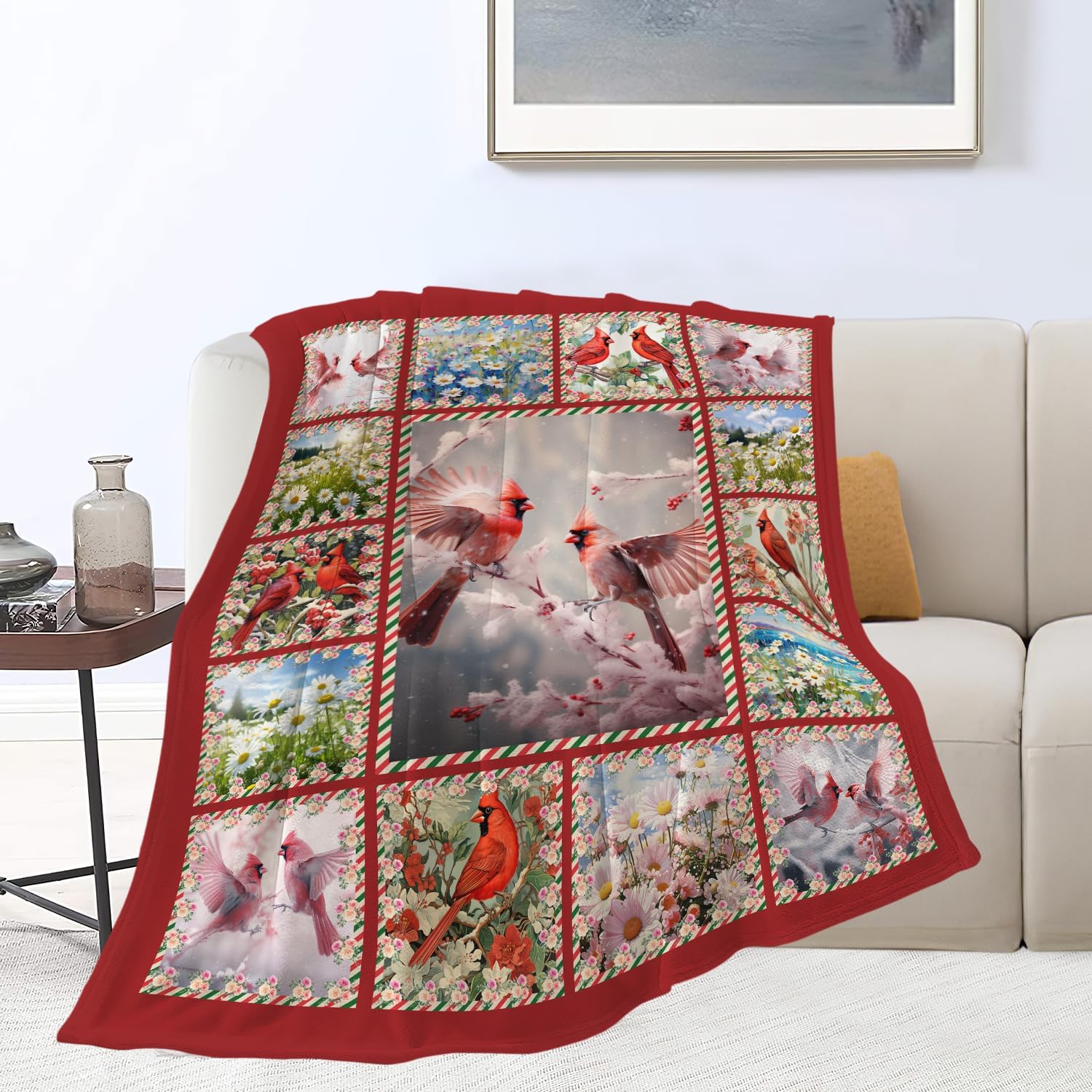 Cardinal Blanket Red Birds Throw Blanket Gifts for Women Men Boys Girls Kids Adults Super Soft Cozy Plush Fluffy Fuzzy Fleece Blanket Home Decor 50''X60''