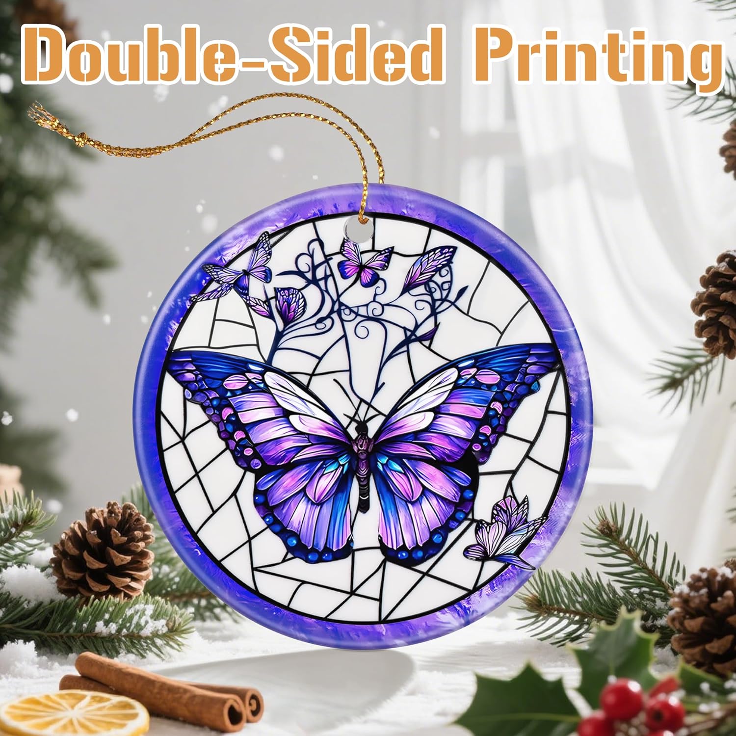 Ceramic-Style Christmas Tree Decorations, Christmas Ornaments, Double-Sided Printed Ornament Keepsakes, Holiday Decor. Xmas Gifts, Gifts for Butterfly Lovers - Butterfly-Themed