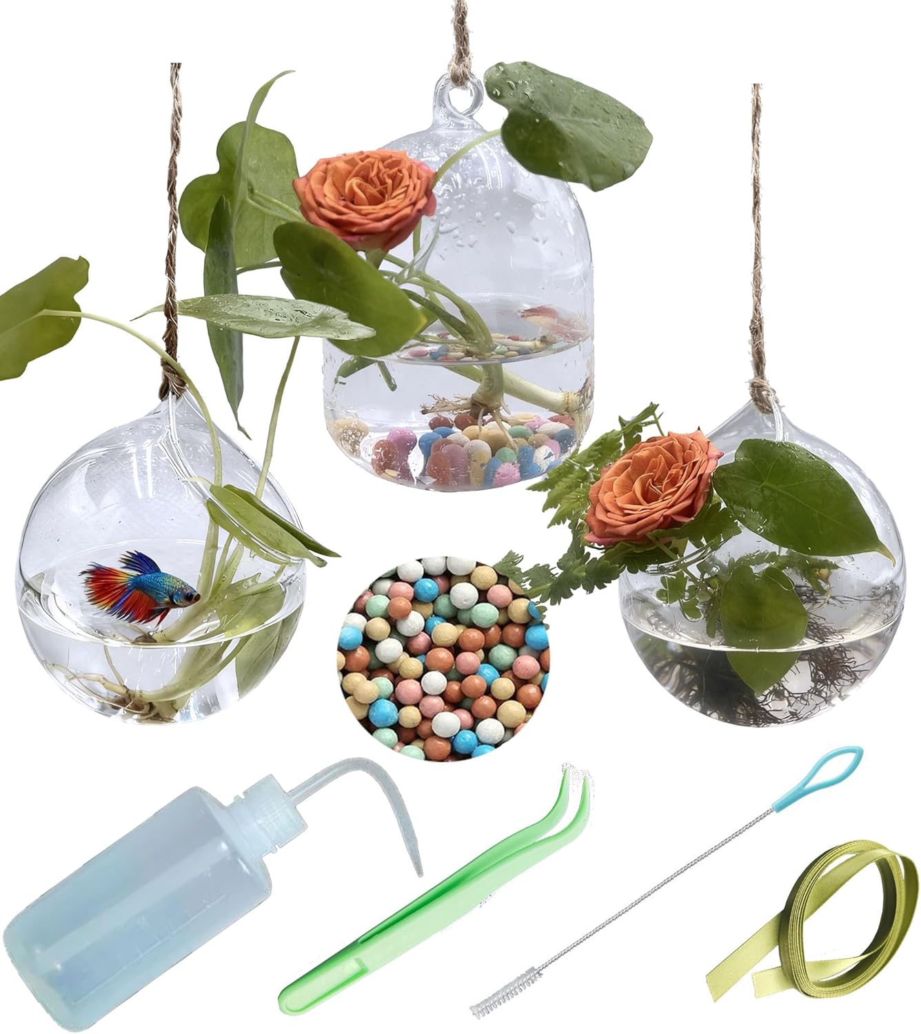 3 Pack Hanging Propagation Stations with Care Tool Kit (Squeeze Bottle & Tweezers Included), Glass Wall Planters for Indoor Plants, Hydroponic Terrarium Vases, Plant Lover Gifts for Women, Home Decor