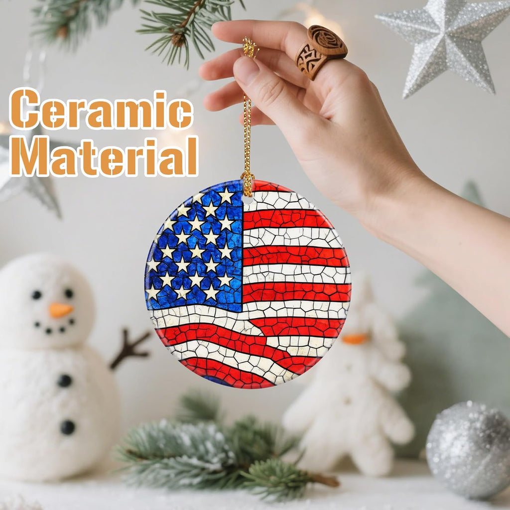 Ceramic-Style Christmas Tree Decorations, Christmas Ornaments, Double-Sided Printed Ornament Keepsakes, Holiday Decor. Xmas Gifts, Gifts for Flag Lovers - American Flag-Themed