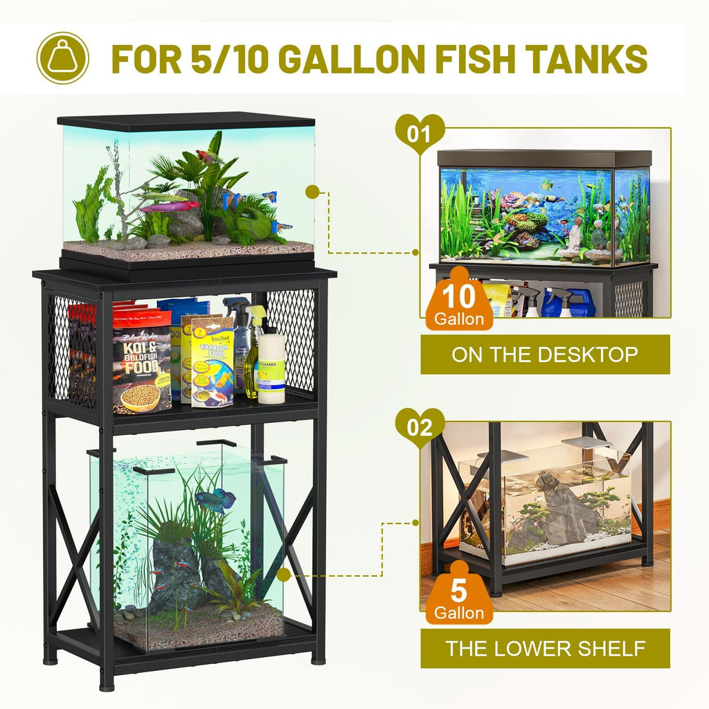 Snughome 10 Gallon Aquarium Stand with Storage, 3 Tier Heavy Metal Fish Tank Stand Shelf 20.47" x 11.42" x 30.91", Black
