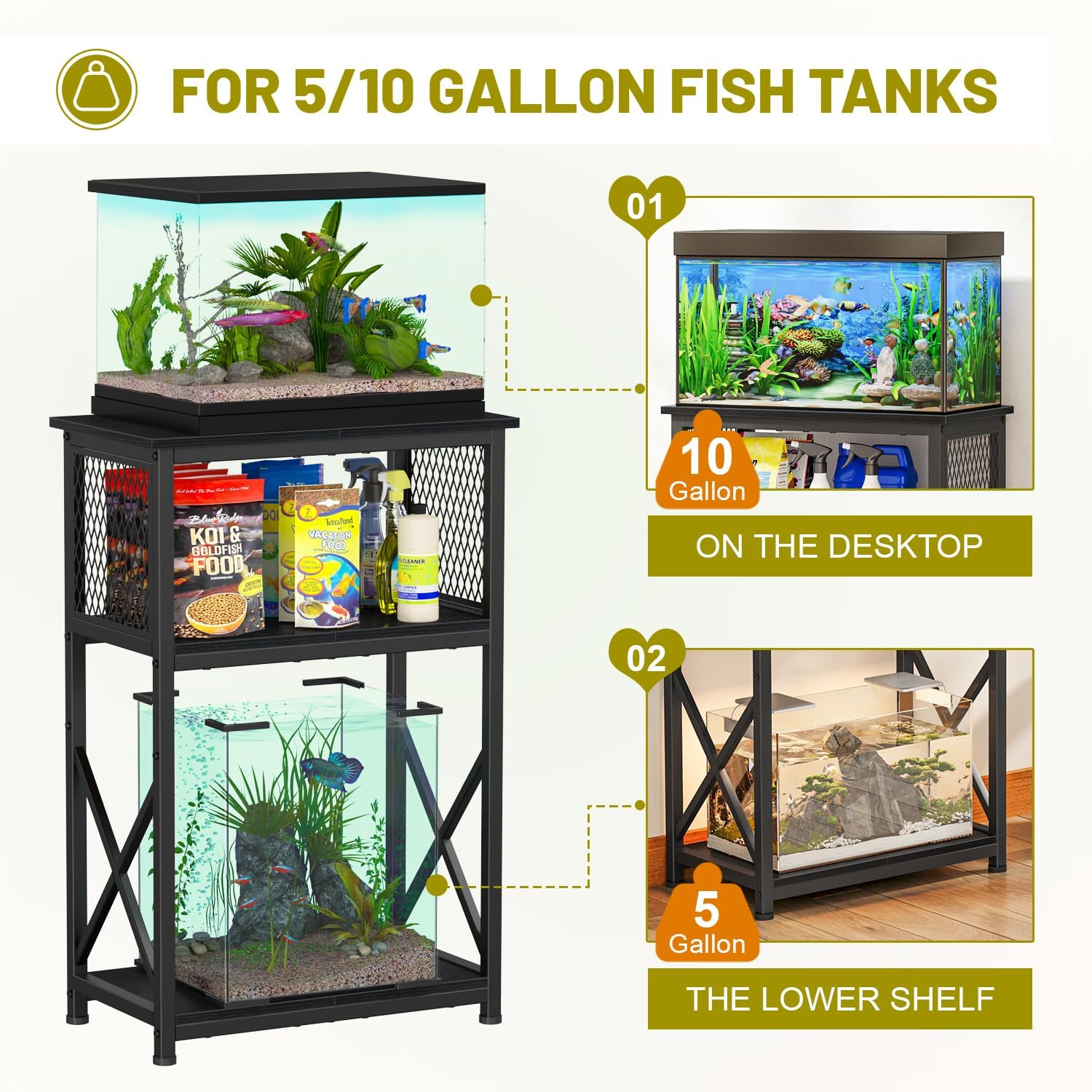 Snughome 10 Gallon Aquarium Stand with Storage, 3 Tier Heavy Metal Fish Tank Stand Shelf 20.47" x 11.42" x 30.91", Black