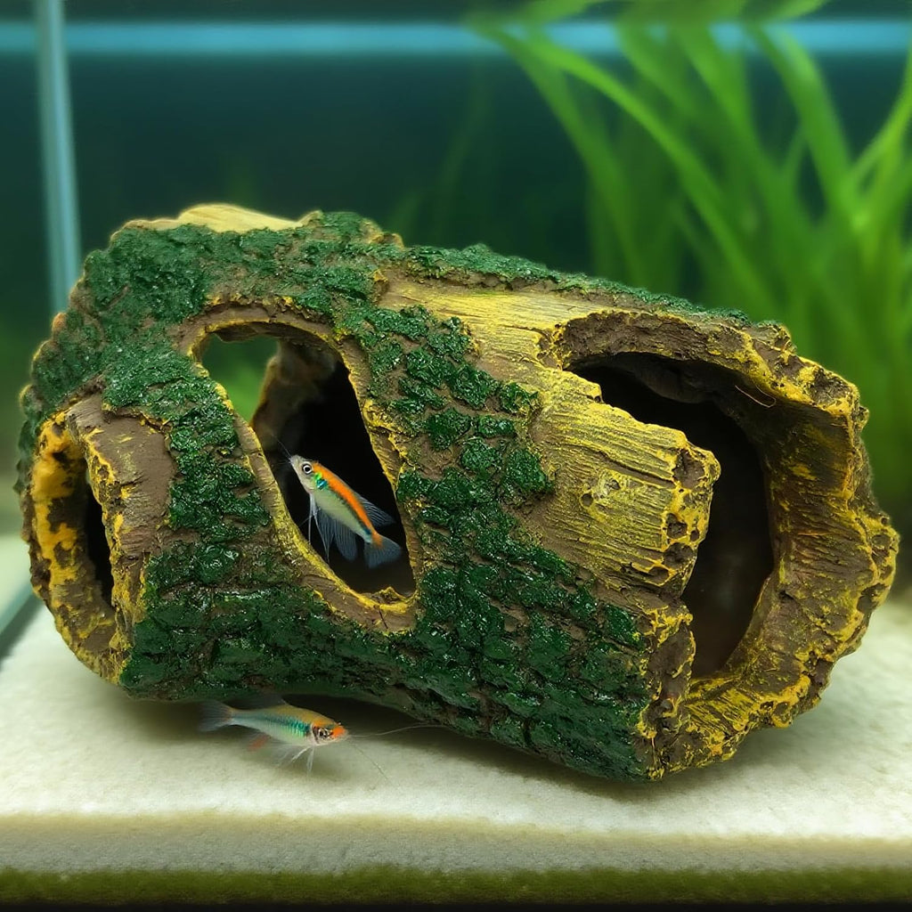 Resin Hollow Tree Trunk Aquarium Cave - Betta Fish Hideout & Shrimp Shelter for Fish Tanks, Terrariums (5.5" x 3.7" x 2.6", No Assembly)
