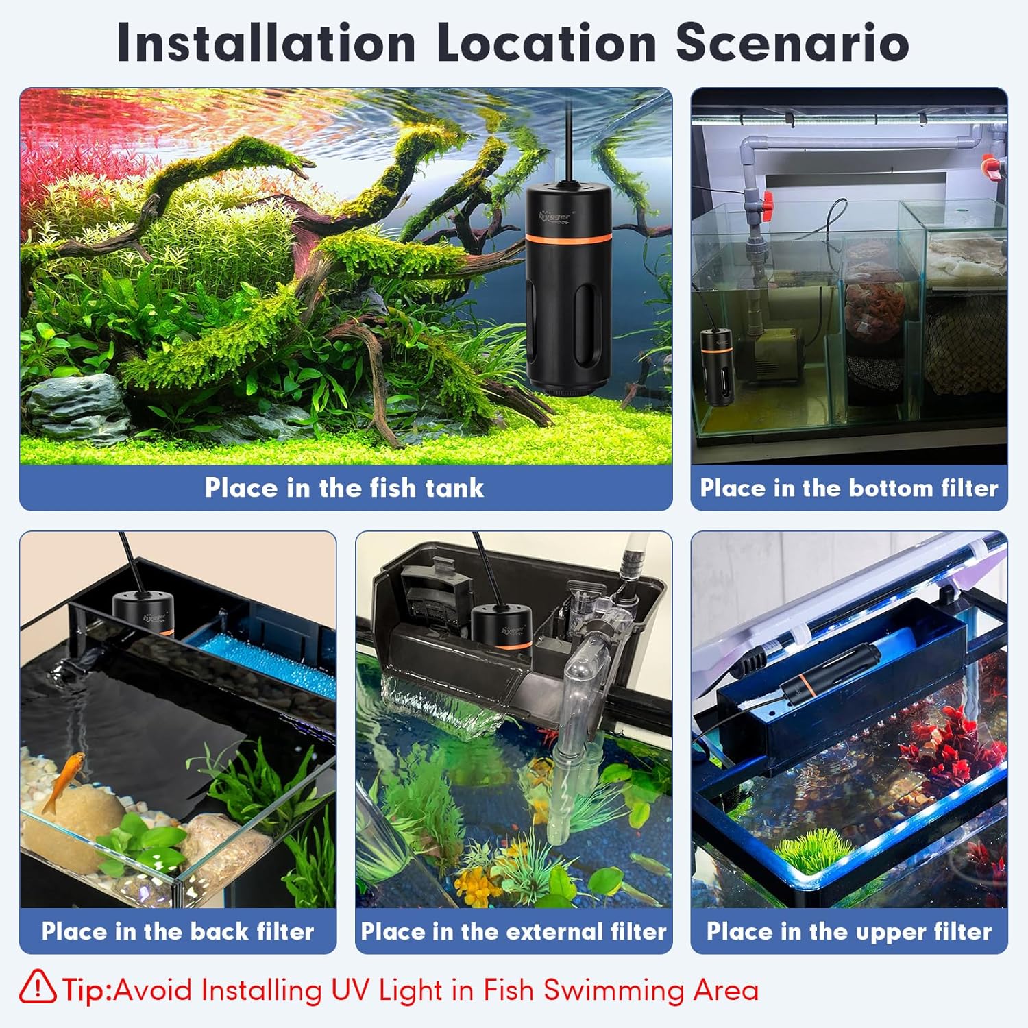 hygger Aquarium U-V Light with Timer, 360° Protective Shield Clean Light for Green Water and Algae Clean, Mini Algae Control Lamp for Freshwater and Saltwater Tank (5W for 13-40 Gallon)