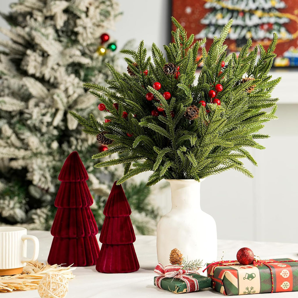 YIYA Christmas Artificial Pine Branches Artificial Norfolk Pine Stems with Red Berry Stems Faux Pine Needles with Pine Cones for Vase Garland Wreath Xmas Decor