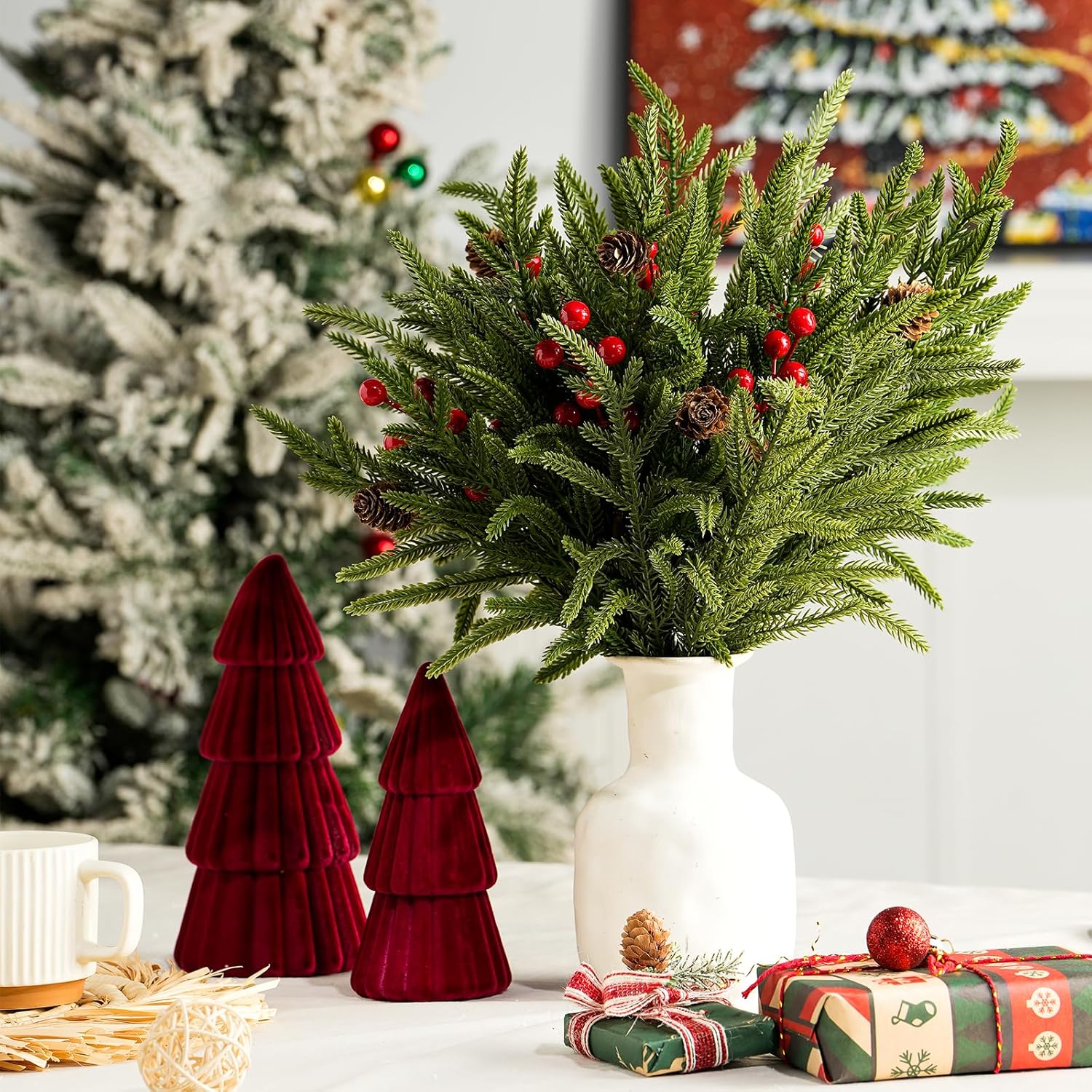 YIYA Christmas Artificial Pine Branches Artificial Norfolk Pine Stems with Red Berry Stems Faux Pine Needles with Pine Cones for Vase Garland Wreath Xmas Decor