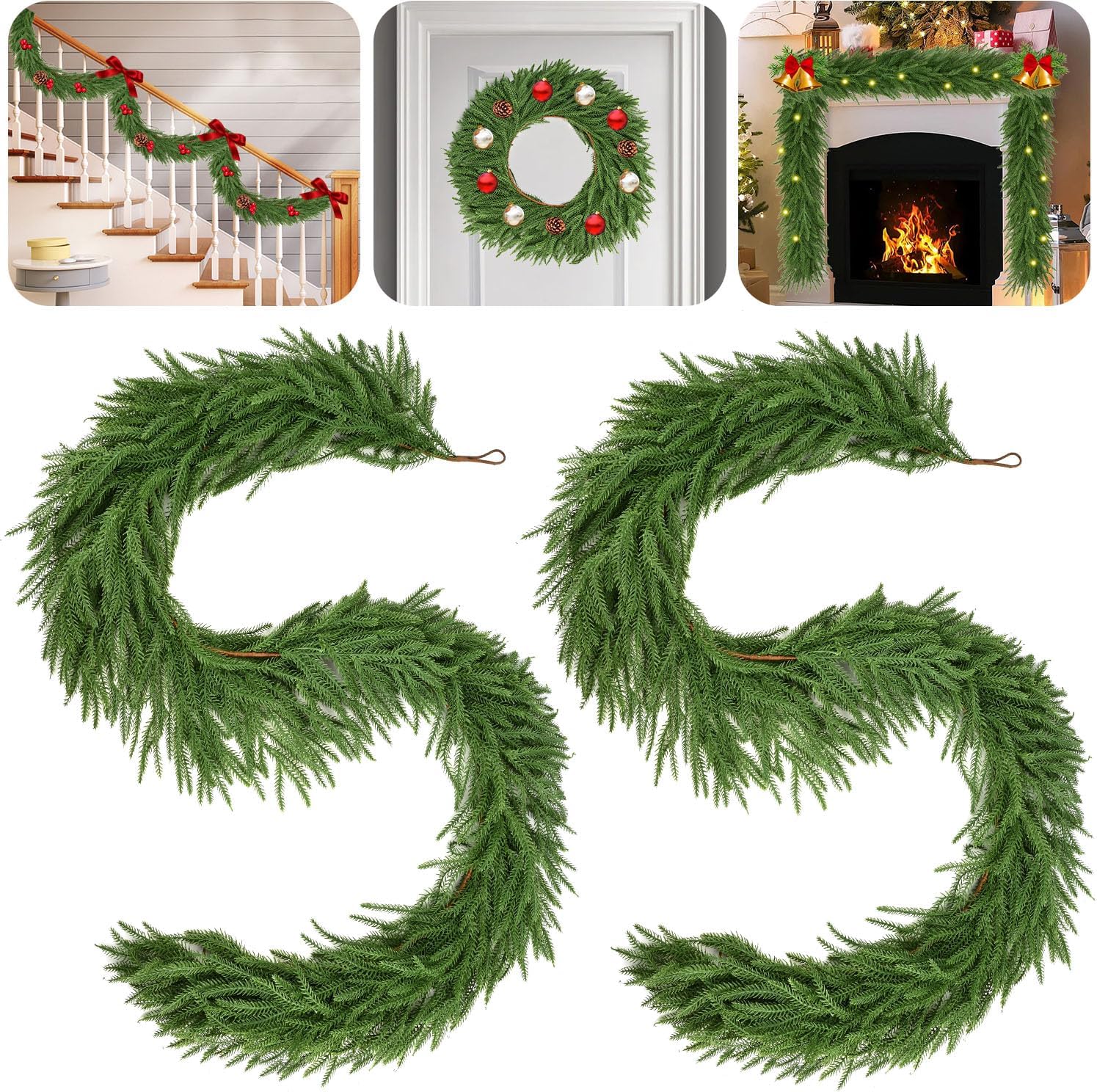2 Pcs 6 Ft Norfolk Pine Garlands,Artificial Real Touch Christmas Greenery Garland Faux for Mantle, Table,Sairs,Wall,Indoor,Outdoor Christmas Decorations Holiday Xmas-Green