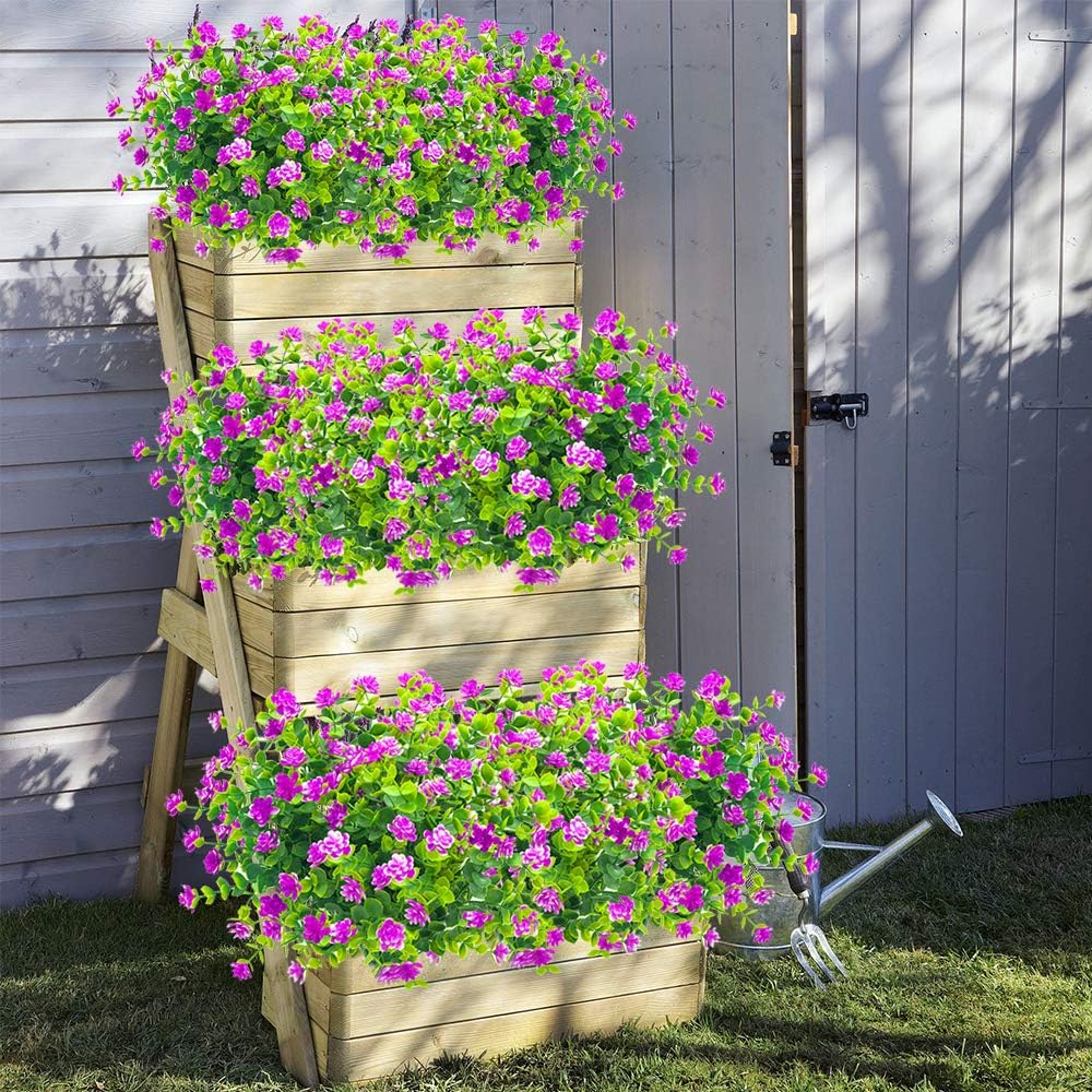 10 Bundles Artificial Fake Flowers, Faux Outdoor Plastic Plants UV Resistant Shrubs Outside Indoor Decorations (Purple-Eucalyptus)