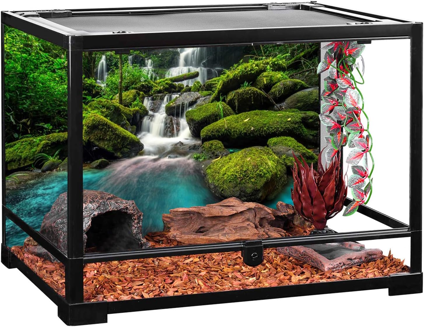 AWERT 48x24 inches Waterfall Terrarium Background Tropical Rainforest Aquarium Background Mountain Lake Green Tree Reptile Habitat Background Durable Polyester Background