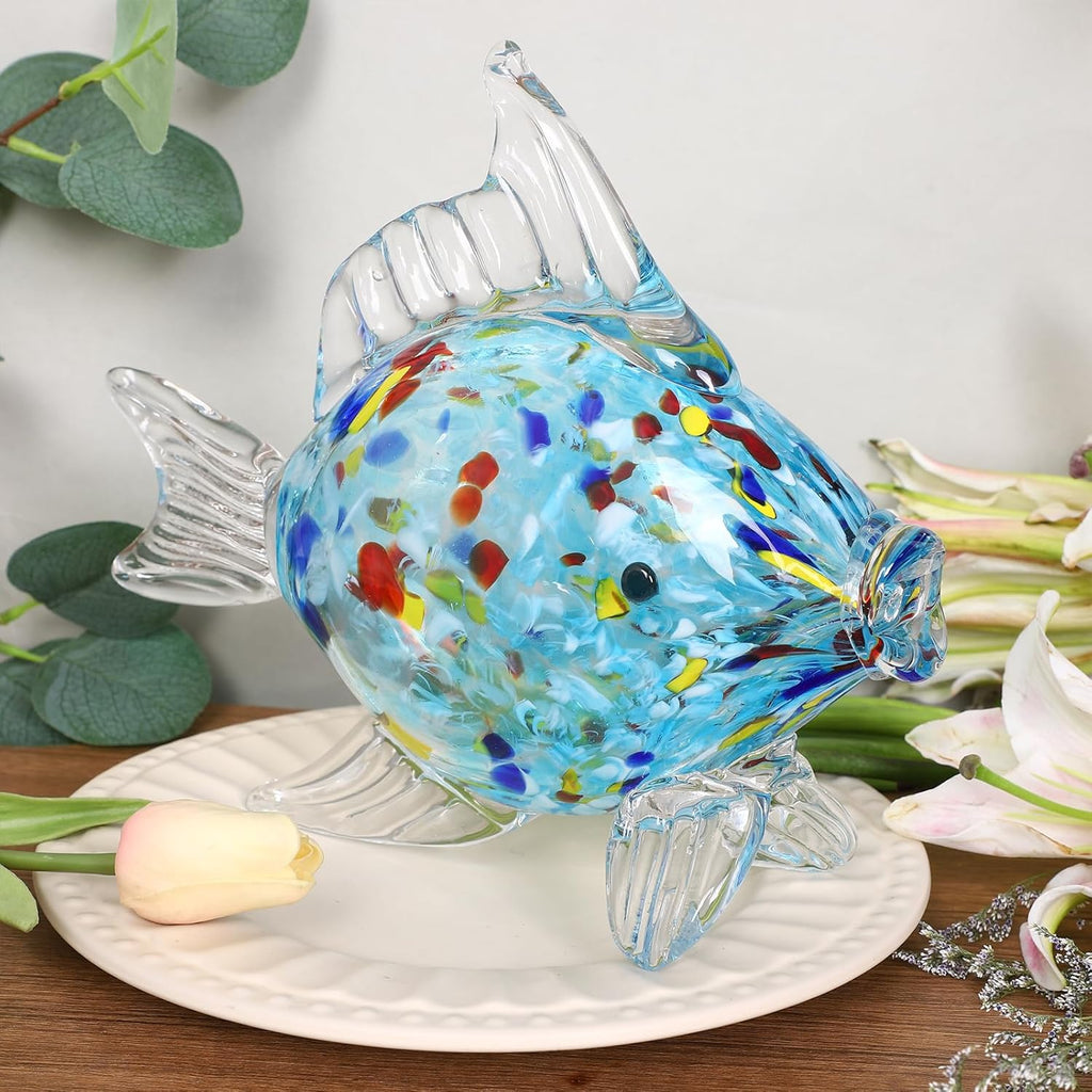 LCCCK Large Hand Blown Glass Fish Figurines, Aquarium Sea Glass Art, Fish Statue Sculpture Modern Coastal Accent - for Beach Knick Knacks, Coffee Tables, Nautical Offices Centerpiece (Aqua)