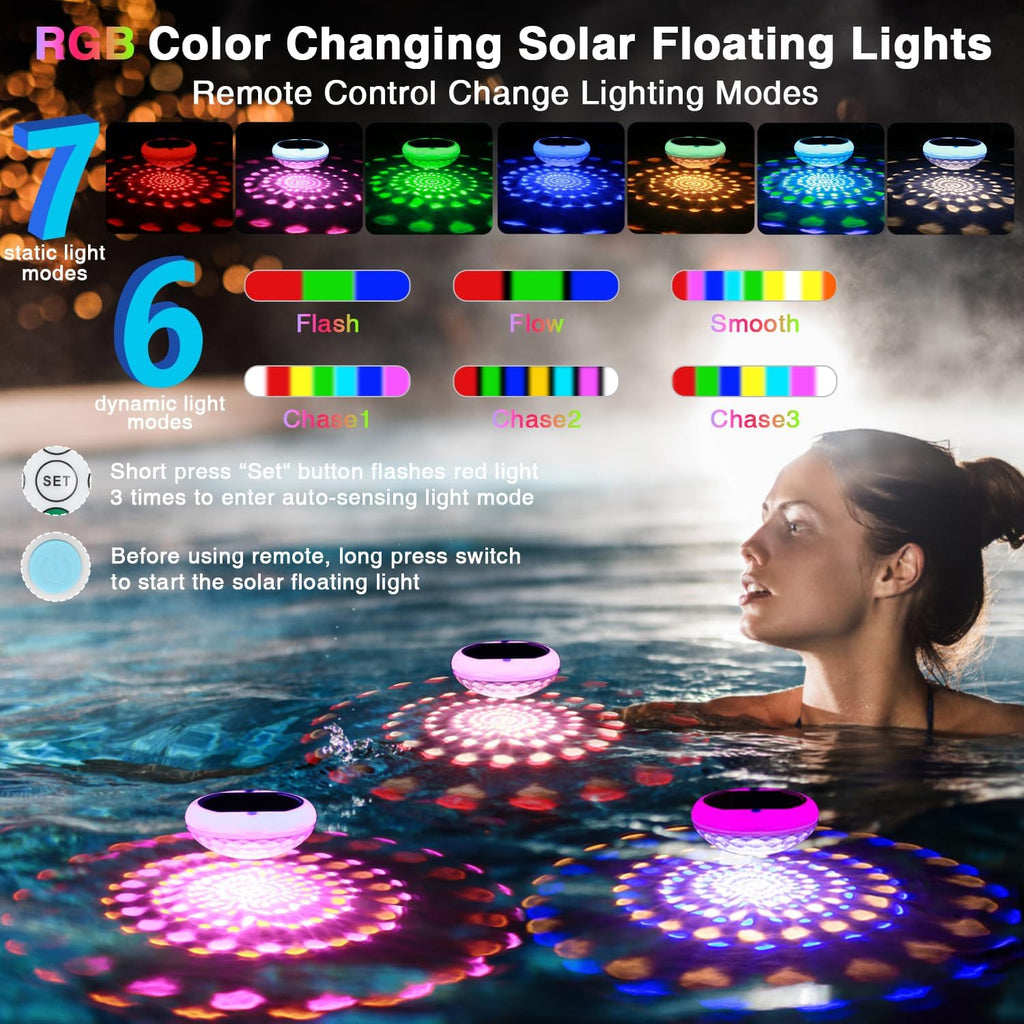 Pool Lights, 2-in-1 Solar USB Rechargeable Floating Pool Lights, 6.69 Inch 2600mAh IP68 Waterproof 6 Dynamic Modes Upper and Lower Color Changing Hangable Solar Floating Light for Pools 1 PCS