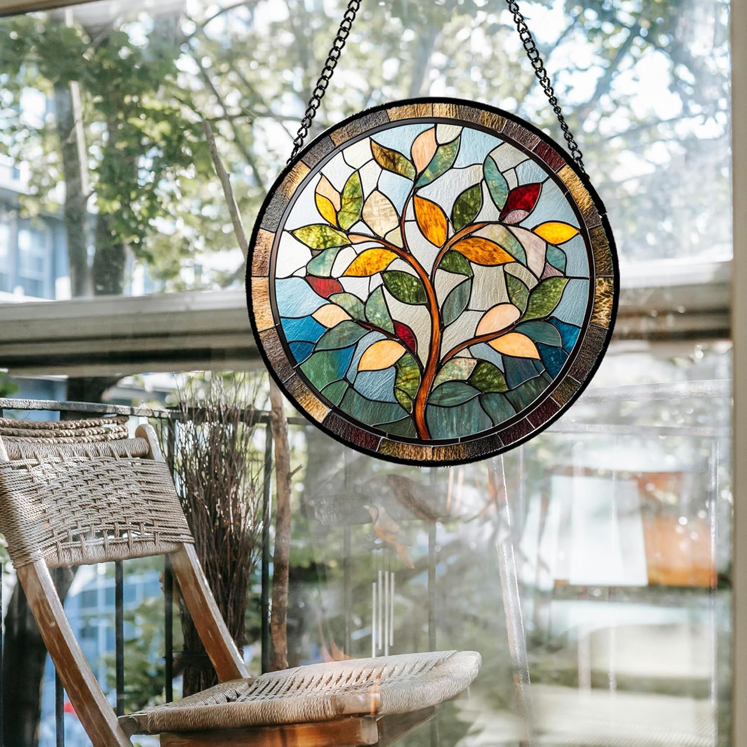 Stained Glass Window Hanging Colorful Tree of Life 9.8" - Plant Leaves Suncatcher Door Garden Sun Catcher Home Decor Birthday Christmas for Mom Men Woman Nana Friend