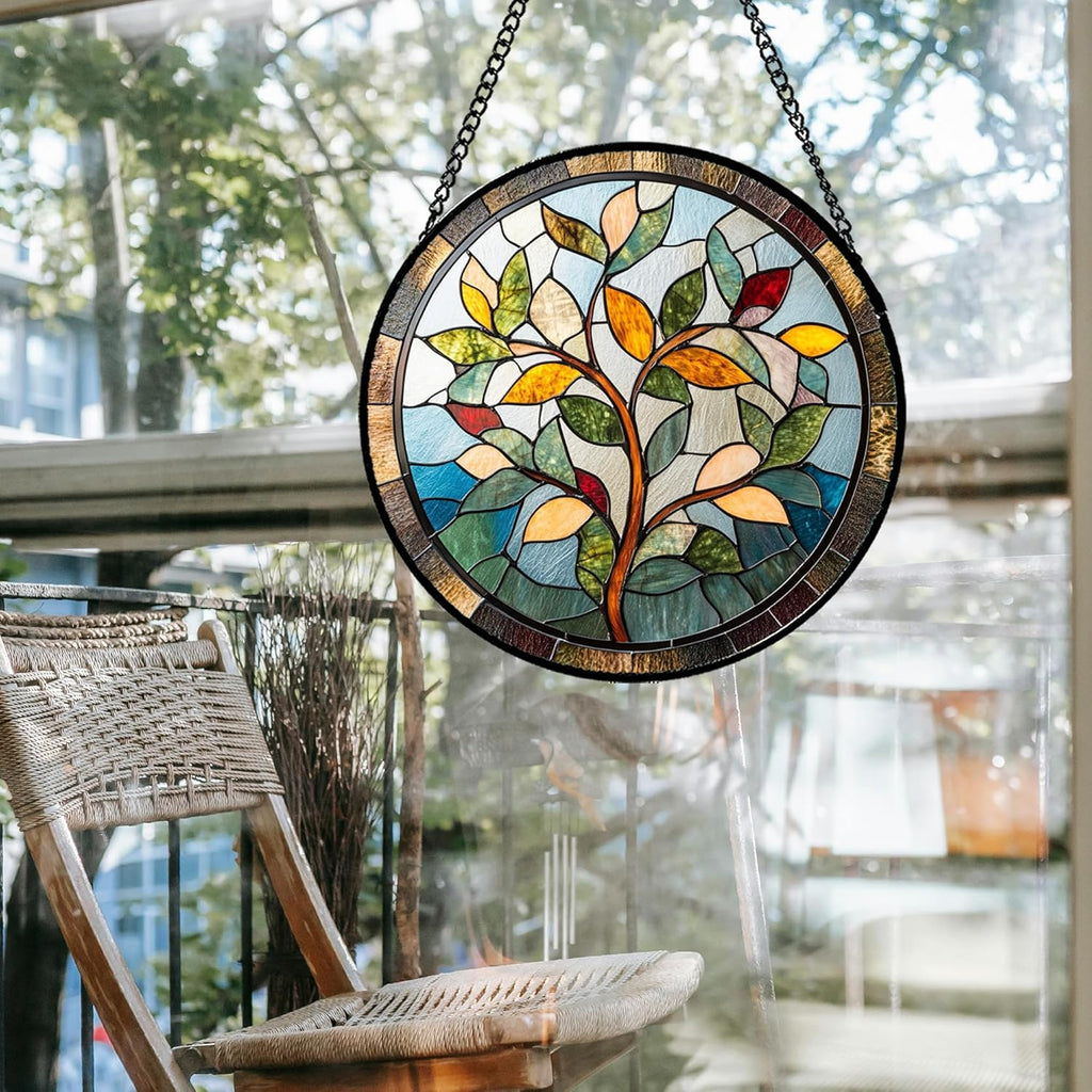 Stained Glass Window Hanging Colorful Tree of Life 6.3" - Plant Leaves Suncatcher Door Garden Sun Catcher Home Decor Birthday Christmas for Mom Men Woman Nana Friend