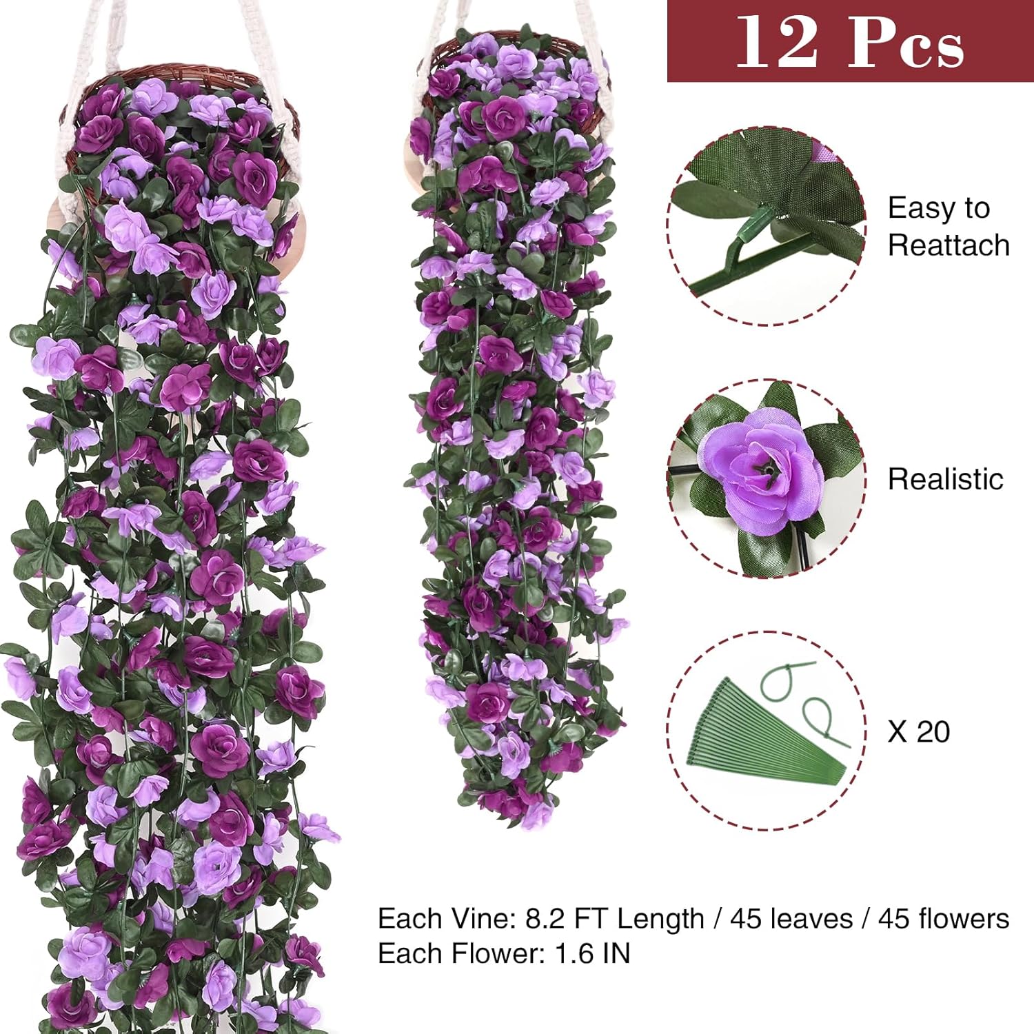 BLEUM CADE 12Pcs 98.4Ft Flower Garland Artificial Rose Vines for Bedroom, Cute Fake Hanging Flower Vines Floral Garland Decorations for Wedding Party Wall Room Decor Aesthetic