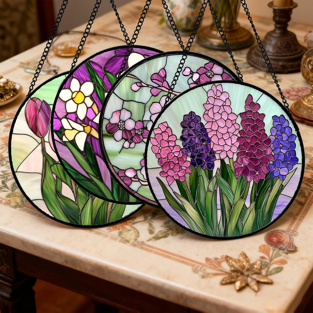 Stained Glass Window Hanging 4 Pcs Set Tulips Plum Flower Daffodils Hyacinths Large 11.8" - Suncatcher Door Garden Sun Catcher Decor Birthday Mother's Day for Mom Woman Nana