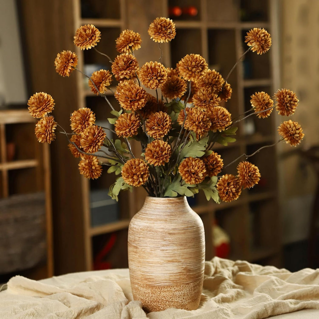 DuHouse 6pcs Artificial Flowers Faux Silk Pompon Mum,Silk Small Mini Chrysanthemum Ball with Stems for DIY Wedding Bouquets Centerpieces Vase Home Table Kitchen Decorations(Burnt Orange)