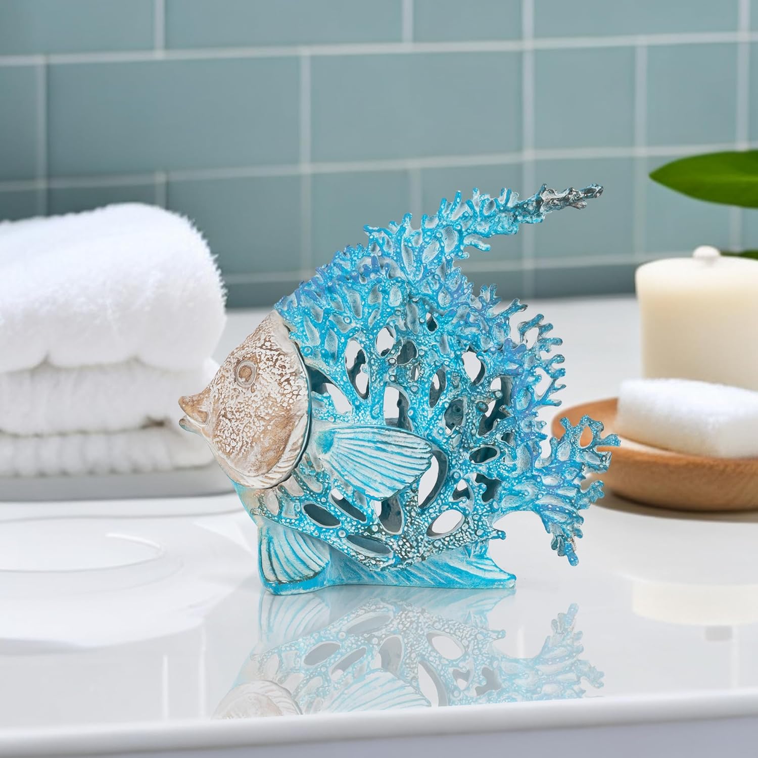 VVGIFTS Beach Coastal Decor Coral Reef Angelfish Home Office Desk Decor Sculpture Statue for Tabletop Shelf Bathroom Decoration Ornament Gift (Turquoise and Blue)