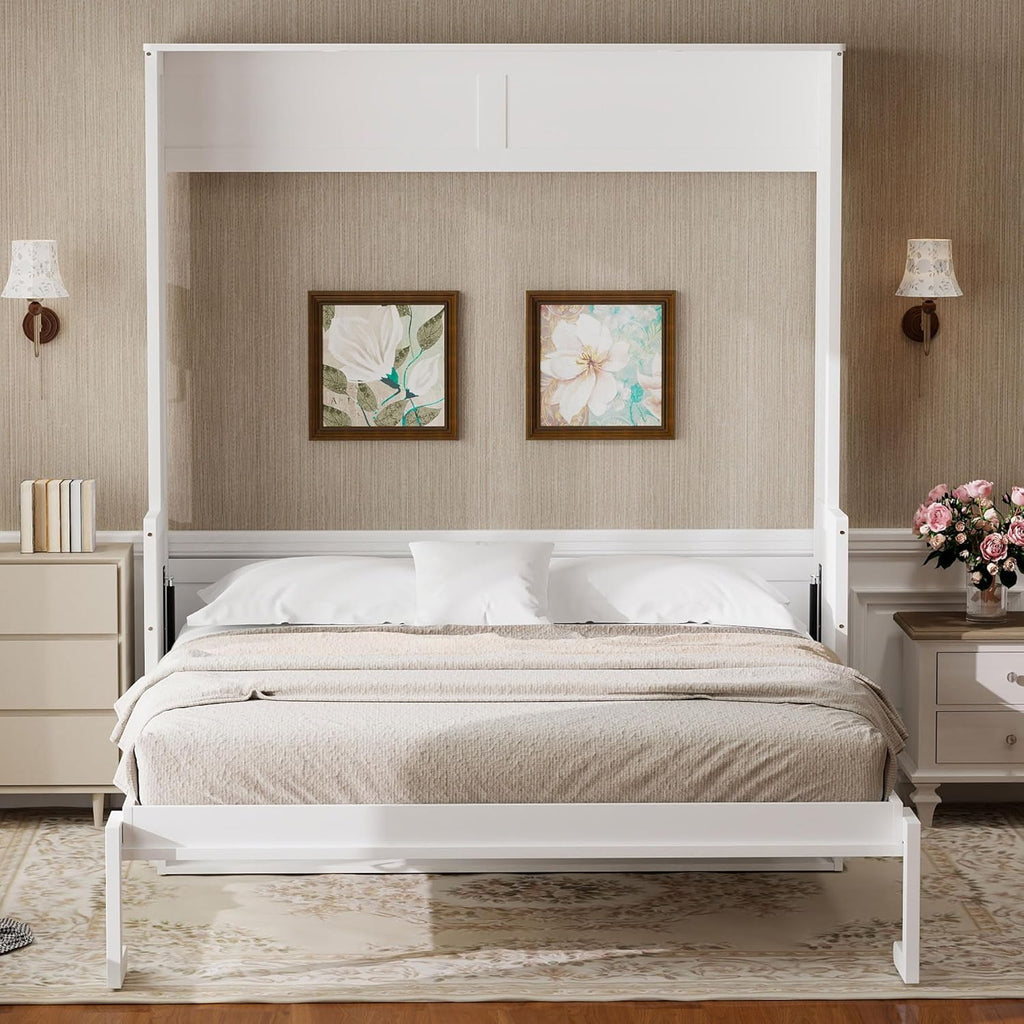 Merax Full Size Murphy Bed with Sofa Chair, Can be Folded Wall Bed with Storage Shelves and Light for Guest Room,Living Room and Bedroom