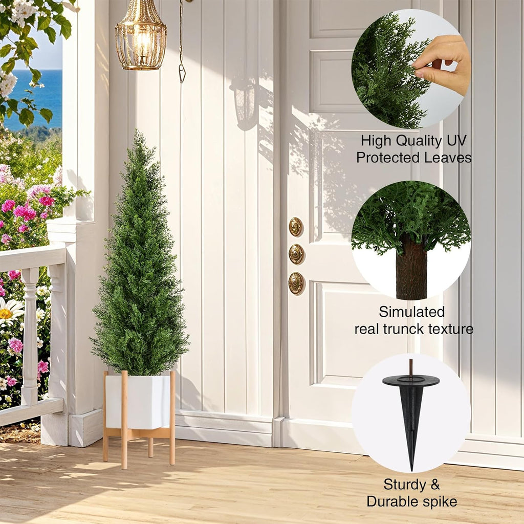 4FT Artificial Cedar Topiary Trees with Ground Spike, Set of 2 UV Resistant Fake Evergreen Bushes Shrubs Trees Artificial Plants Realistic Faux Cypress Plants for Indoor Outdoor Front Porch Garden