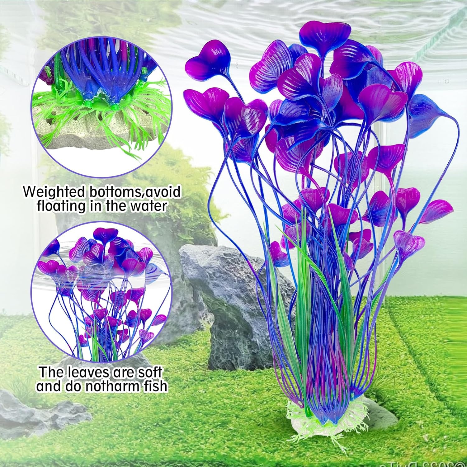 Hamiledyi Artificial Aquarium Plants Fish Tank Decorations, Soft Plastic Green Water Grass for Fish Habitat, Realistic Underwater Décor, Safe for Fish, 2-Pack