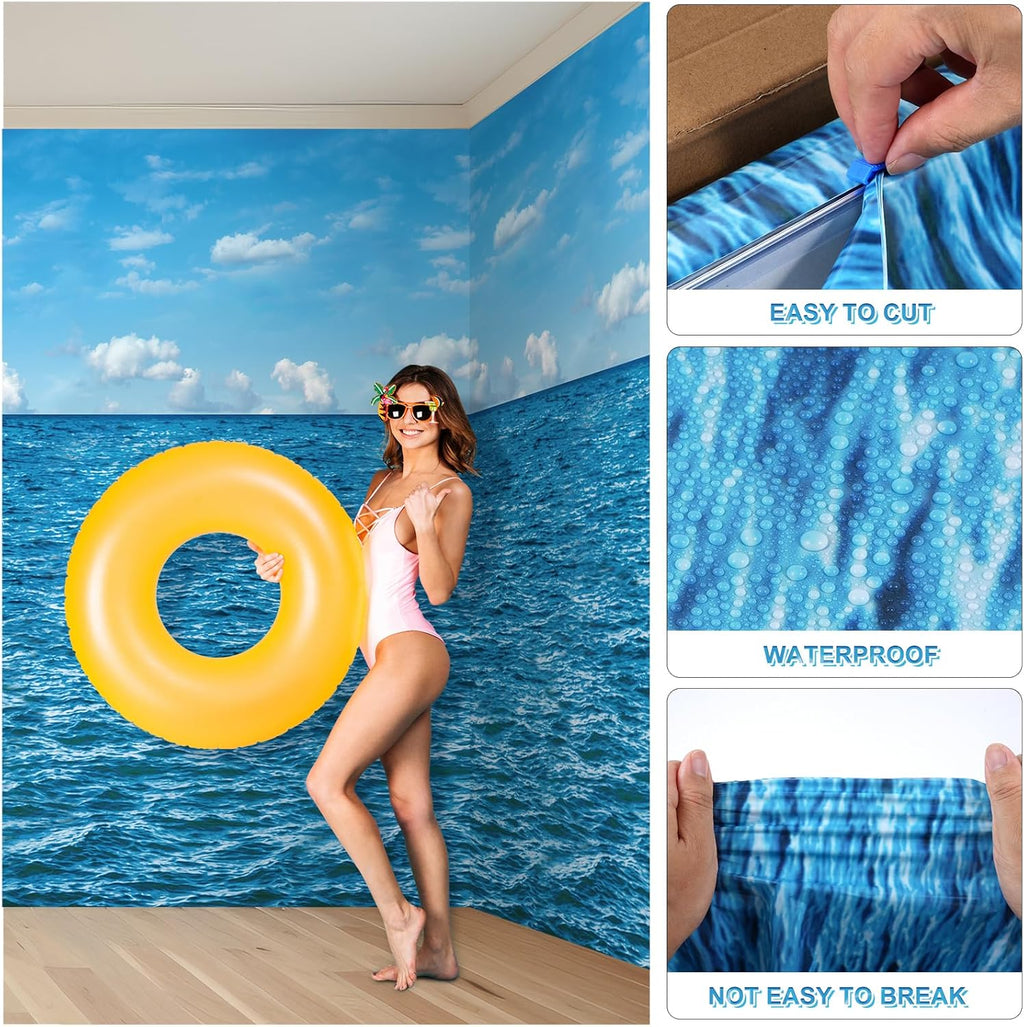 4.5x33 Ft Ocean Sky Wall Backdrop Decorations,Roll of Plastic Blue Ocean Sky White Clouds Photography Background,Under The Sea Natural Scenery Wallpaper Summer Weeding Birthday Pool Party Photo Props