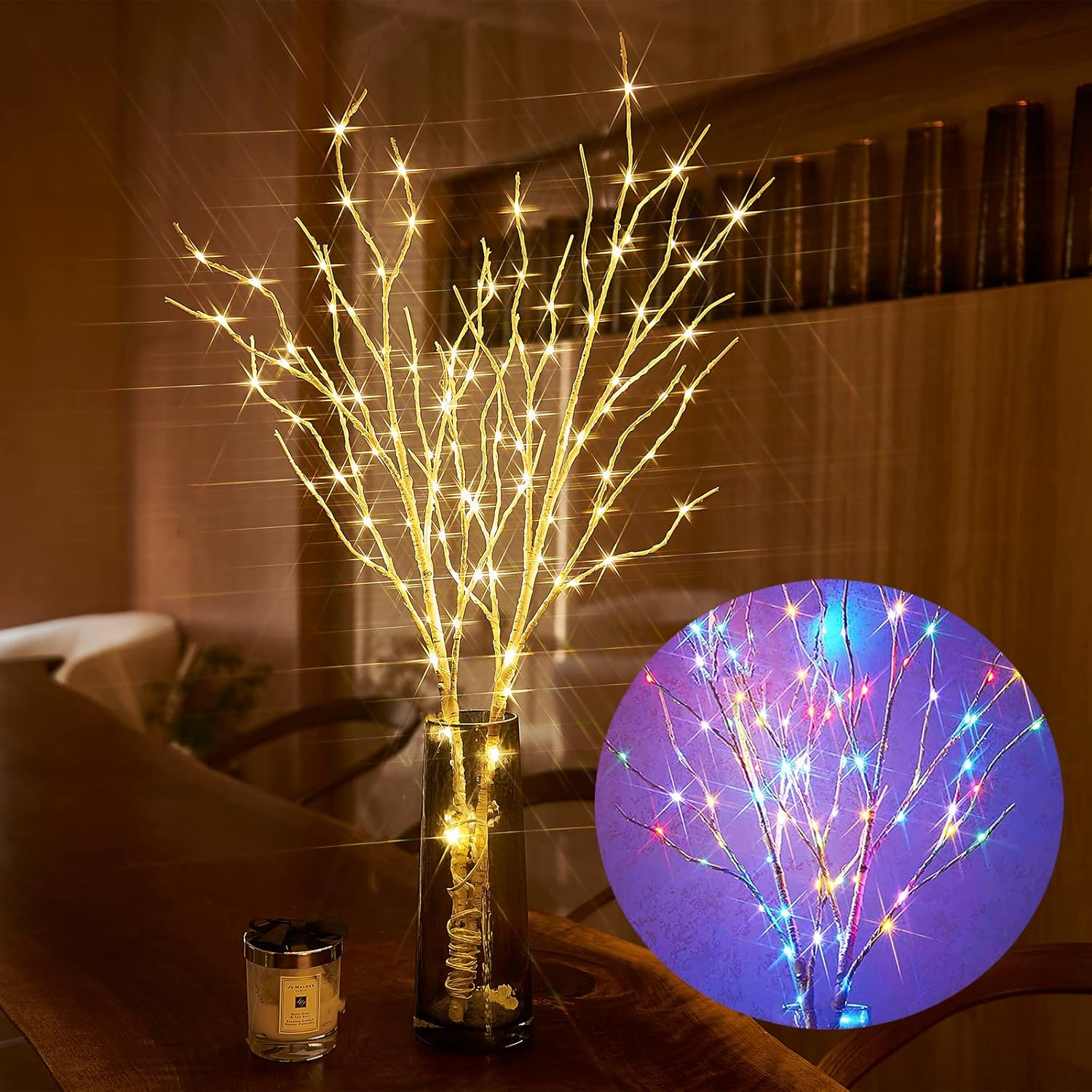 Birchlitland Lighted Birch Branch Battery Operated with 8 Functions 100 LED 32IN Multi Color and Warm White Lights, Artificial Tree Branch with Warm,Fireplace Christmas Holiday Decoration