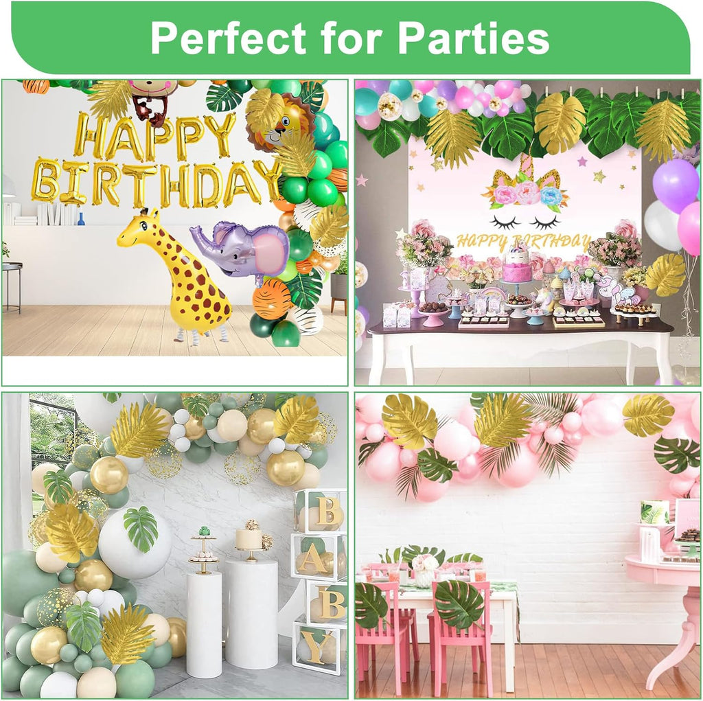 112 Pieces 10 Kinds Artificial Palm Leaves Golden Tropical Leaves with Stems Jungle Leaves Decorations for Hawaiian Luau Party Beach Baby Shower Wedding Birthday