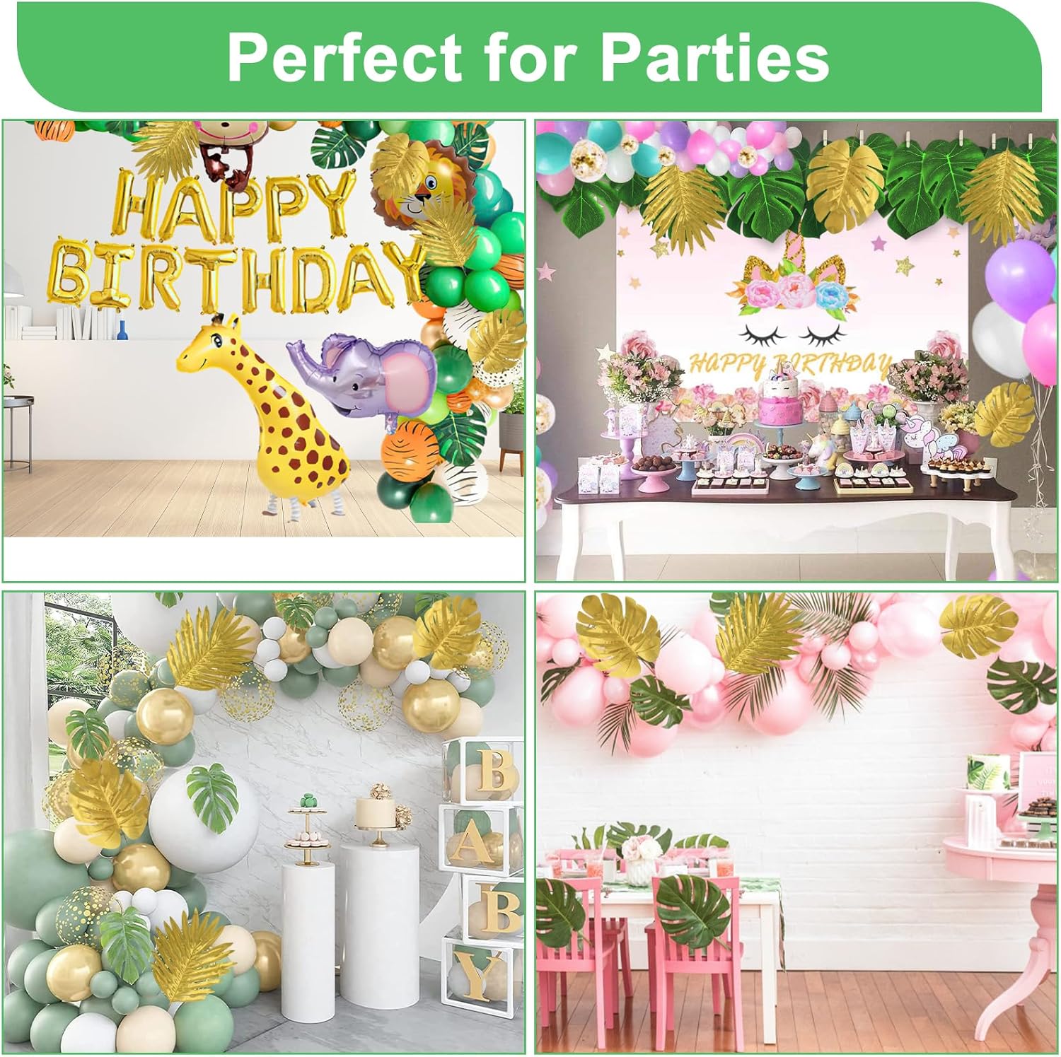 112 Pieces 10 Kinds Artificial Palm Leaves Golden Tropical Leaves with Stems Jungle Leaves Decorations for Hawaiian Luau Party Beach Baby Shower Wedding Birthday