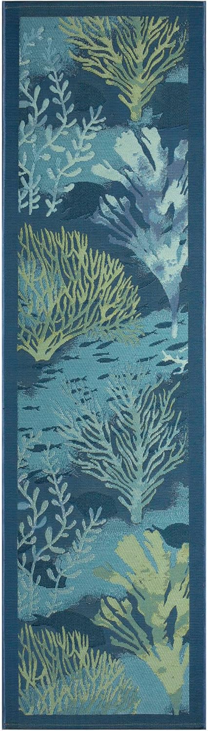 Liora Manne Marina Indoor/Outdoor Power Loomed Synthetic Blend Low Profile Area Rug - Transitional Border Botanical Beach Colorful (Coral Garden Lapis) (1'11" x 7'6")