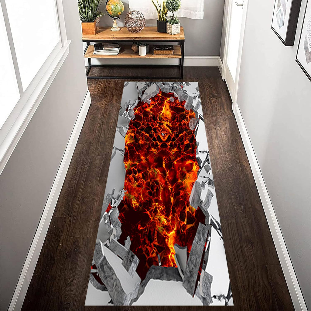 Volcano Landscape Hallway Rug, 1.3x7ft, 3D Optical Illusion Abstract Lava Long Retro Rock Cracks Print Runner Rug, Foldable Non-Shedding Carpets Rug for Entryway Indoor Bedroom