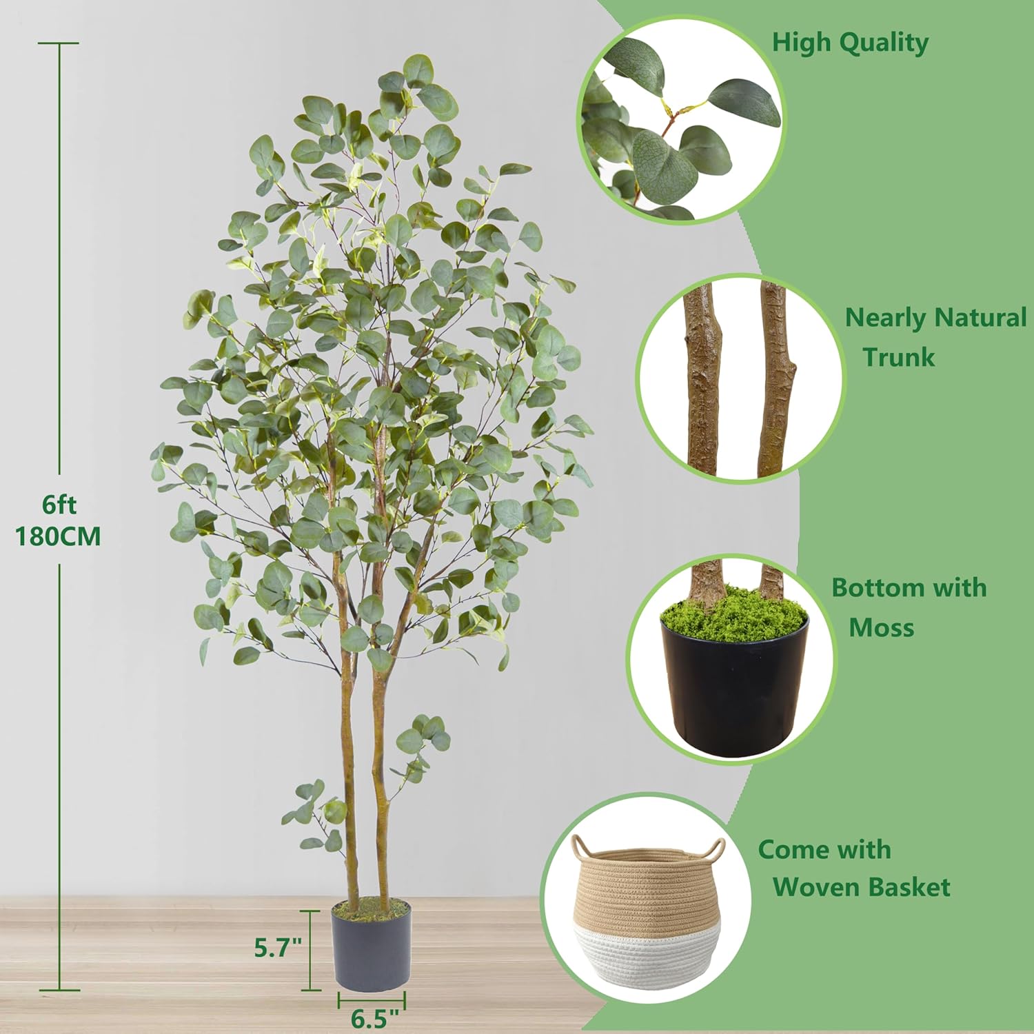 Artificial Eucalyptus Tree, 6ft Tall Faux Eucalyptus Plant with Basket for Home Office, 72'' Fake Tree for Indoor Outdoor Livingroom Garden Floor Décor