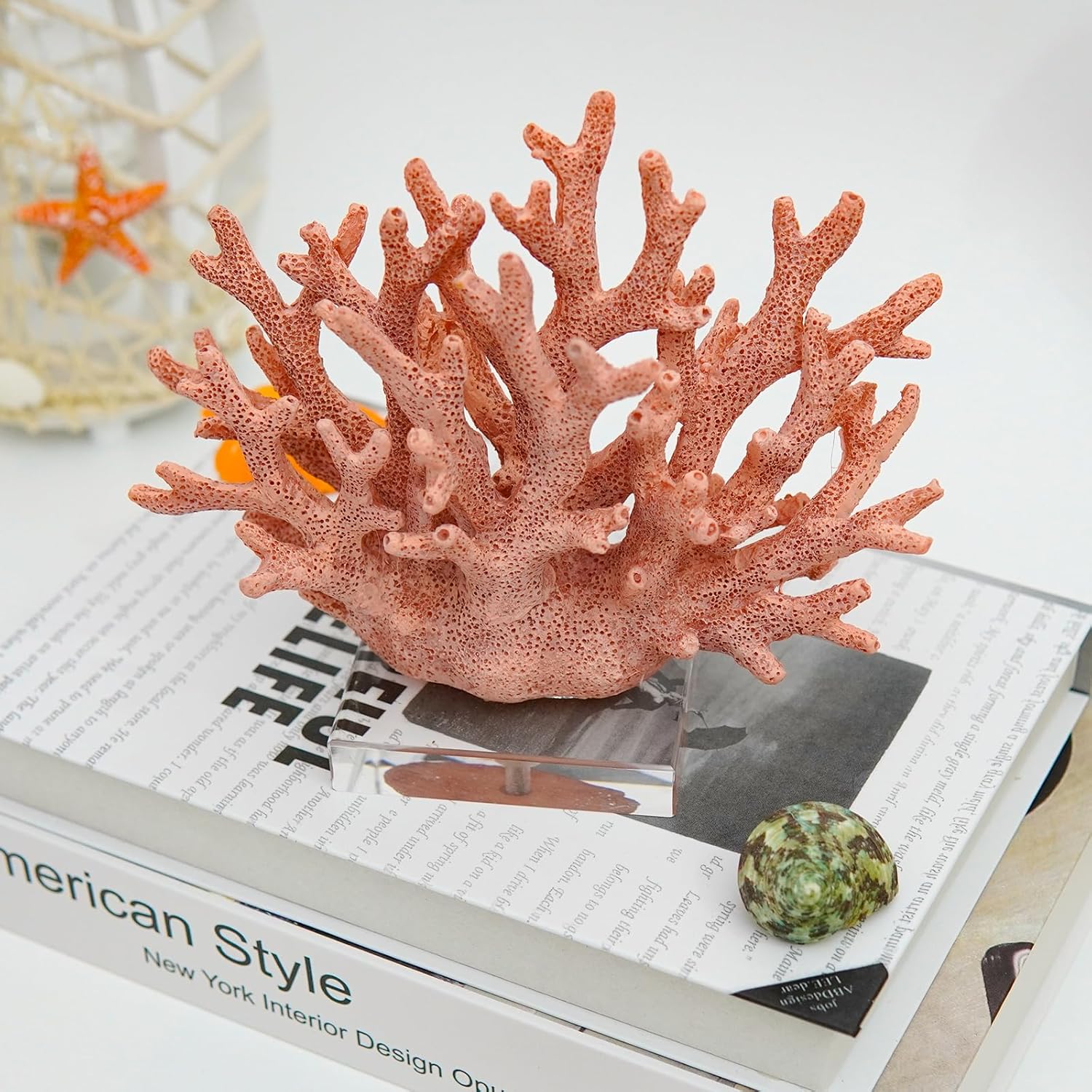 Coral Coastal Decor, Artificial Resin Coral Reef Statue, Coastal Room Decor Beach Decorations for Home Bathroom Bedroom,Ocean Themed Decor for Office,Aquarium,7.5''Lx6.3''H, RB1001P, Pink