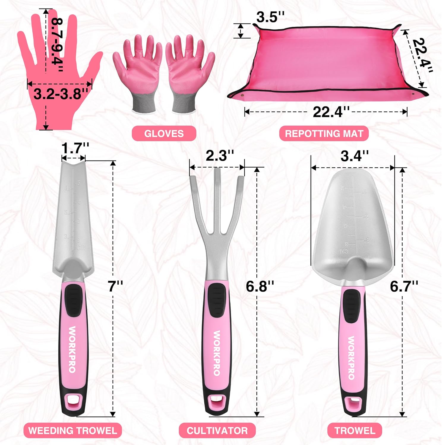WORKPRO 5PCS Garden Tool Set, Powder Coating Compact Aluminum Gardening Tool Set with Repotting Mat, Outdoor Garden Hand Tools, Ideal Gardening Gift, Pink Ribbon