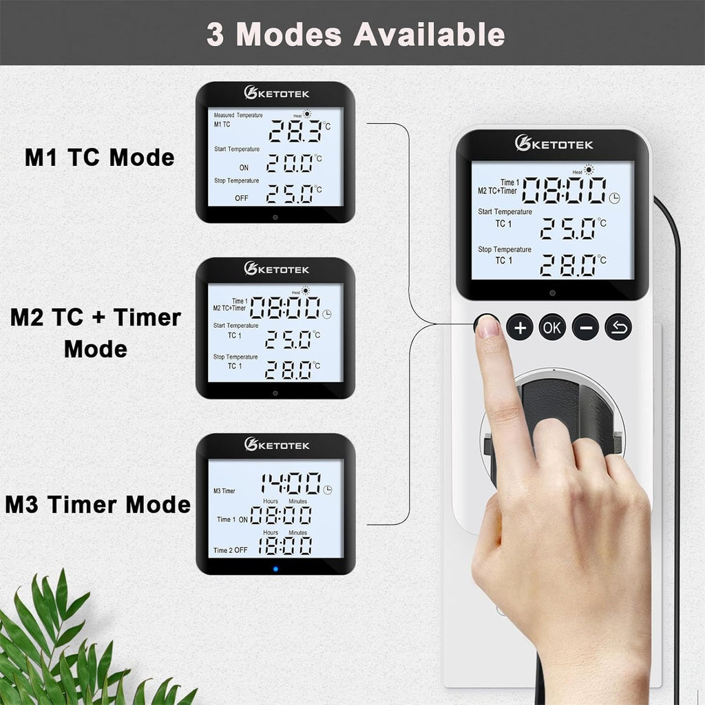 KETOTEK Plug in Thermostat Timer Temperature Controller Outlet with Backlight, Day/Night Thermostat Outlet Plug with Sensor for Reptile Terrarium Greenhouse, Digital Heating Cooling Temperature Switch