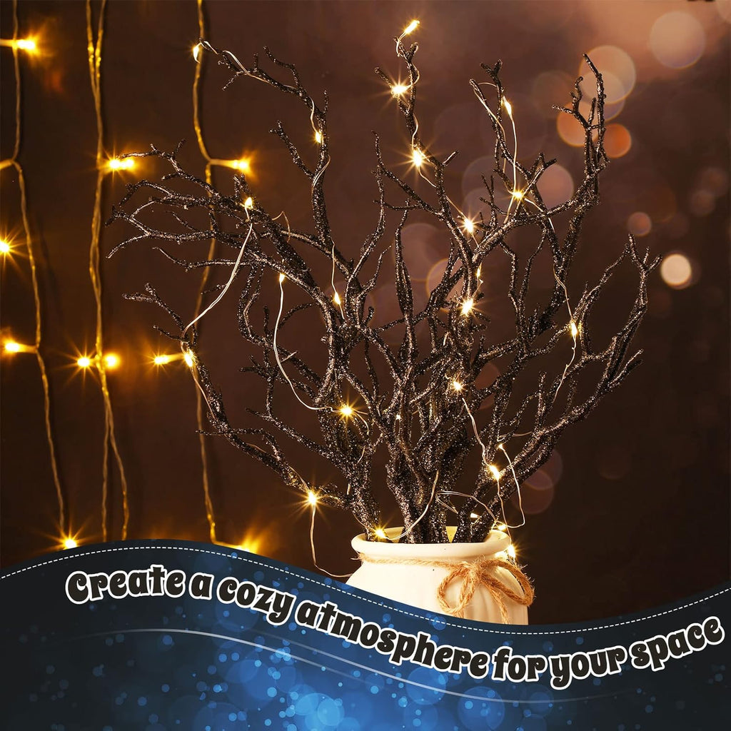 Geosar 13.8 Inch Small Manzanita Branches Plastic Faux Branches Artificial Antler Shaped Tree Branch Decorative Plant Twigs for Home Wedding Table Centerpiece Festival Decors(Glitter Black,10 Pieces)