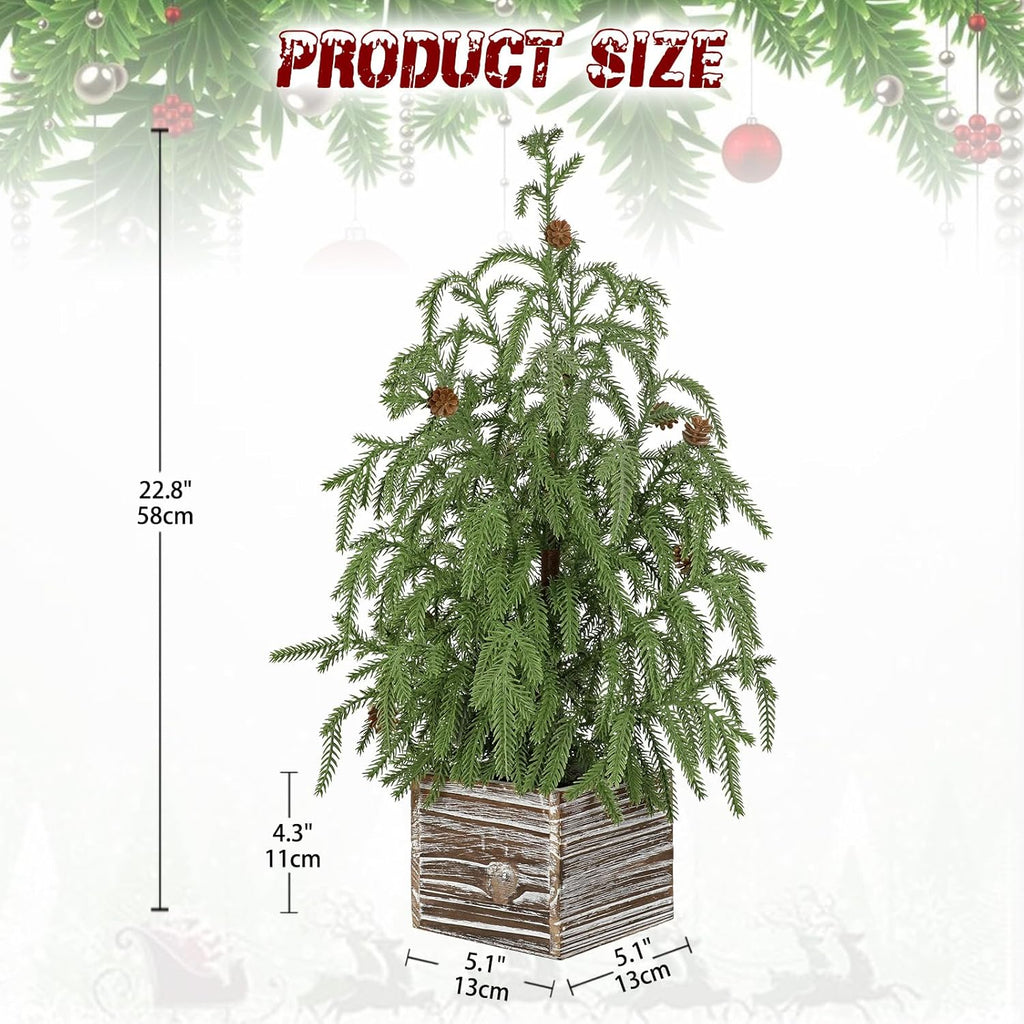 Briful 22.8'' Small Table Top Christmas Tree with Pinecones – Mini Faux Cypress Christmas Tree in Rustic Wooden Pot, Realistic Norfolk Pine Tree for Home Farmhouse Office Desk Holiday Décor