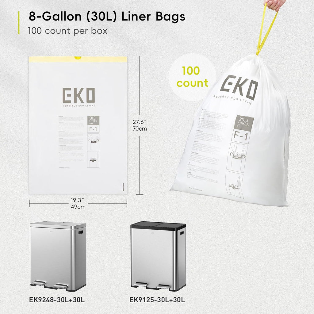 EKO 8 Gallon / 30.3 Liter,100 Count Drawstring Trash Bags, Extra-Strong Unscented Garbage Bags, Easy-Dispense Roll for Kitchen & Household Use, Resists Tears, Leaks and Punctures, Code F-1, White